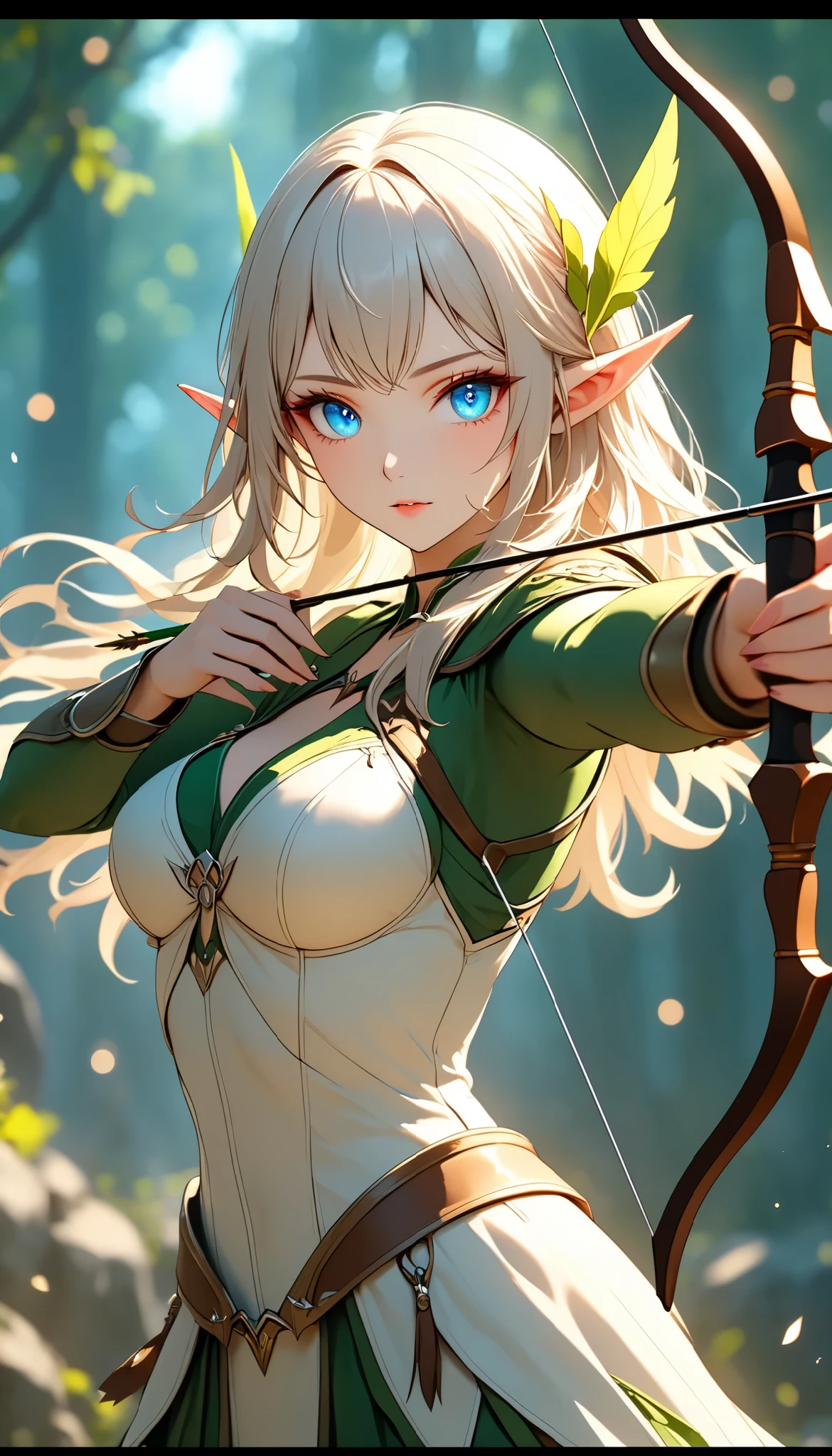 (best quality, Ultimate resolution, masterpiece), a beautiful adult woman, solo, elf, shooting an arrow, targeting you, attack with a bow and arrow, super detailed, dynamic, beautiful clear eyes, detailed hair, glossy, natural makeup, oily skin, peers at you, transparent fantasy atmosphere, blur background, super detailed, Natural soft focus, exposure, dramatic lighting, adjust color balance, bokeh, movie-like scene, clean and sharp line, super retina, ultimate resolution processing, 16k, ultra fine, \bshp\, digital super detailed animation