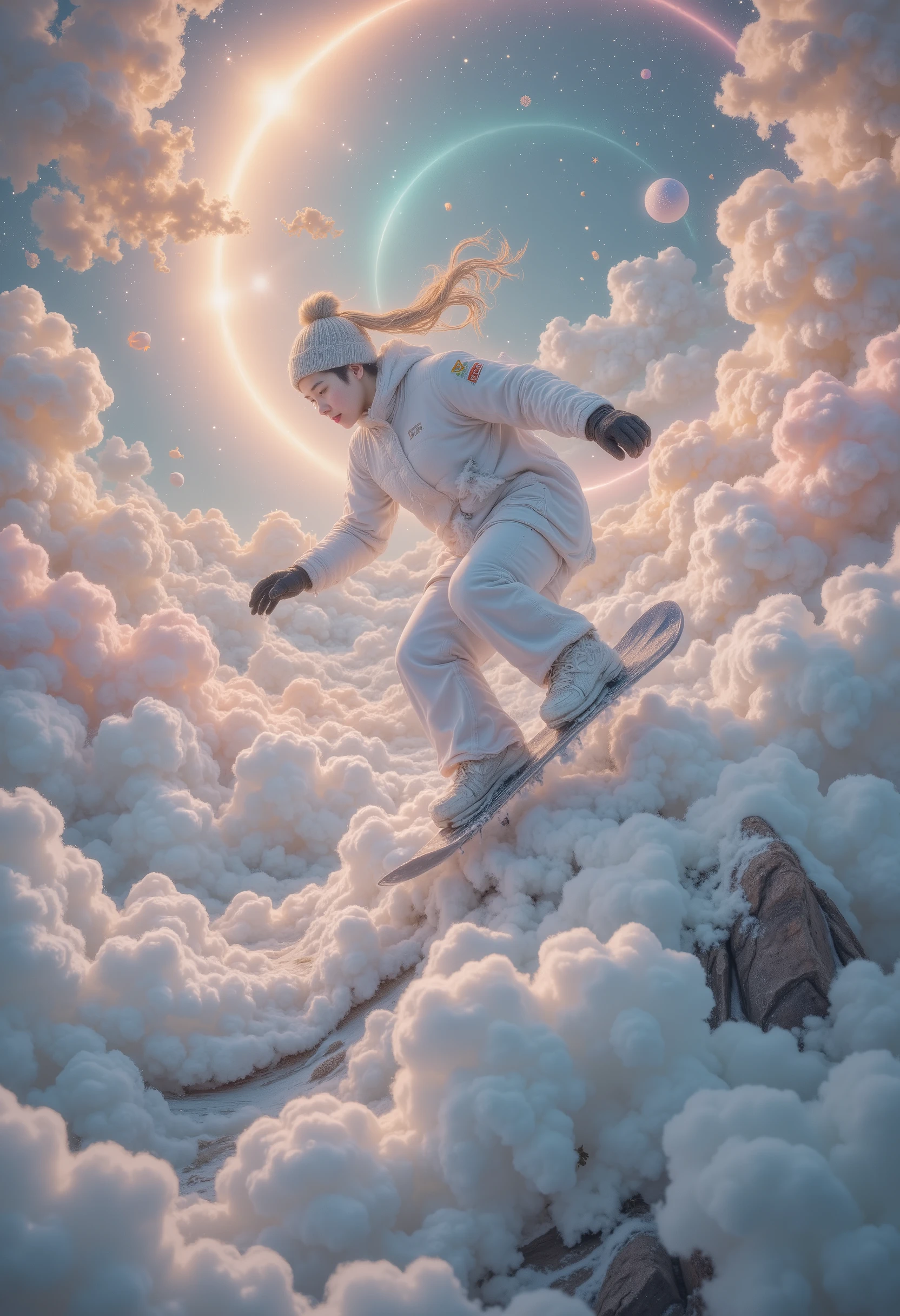 wonderland,cloud,(masterpiece:1.2,Excellent quality , mirror-like , cinematic experience ),8K,wallpaper,Snowboarder ,(Jump:2.0),(Dynamic:2.0),( HD aerial footage :2.0),Asahi,( The background is a beautiful rainbow:2.0)