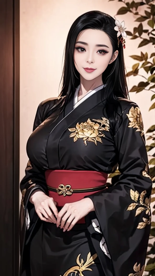 pale skin, green eyes, 1woman, japanese woman, tall, kimono japanese clothes, big cleavage breasts, very long straight black hair, hime cut, bangs, tsurime, seductive smile, Realism, depth of field, UHD, masterpiece, accurate, anatomically correct, textured skin, high quality, high details, super detail, best quality, highres, 16k, standing, full body,
