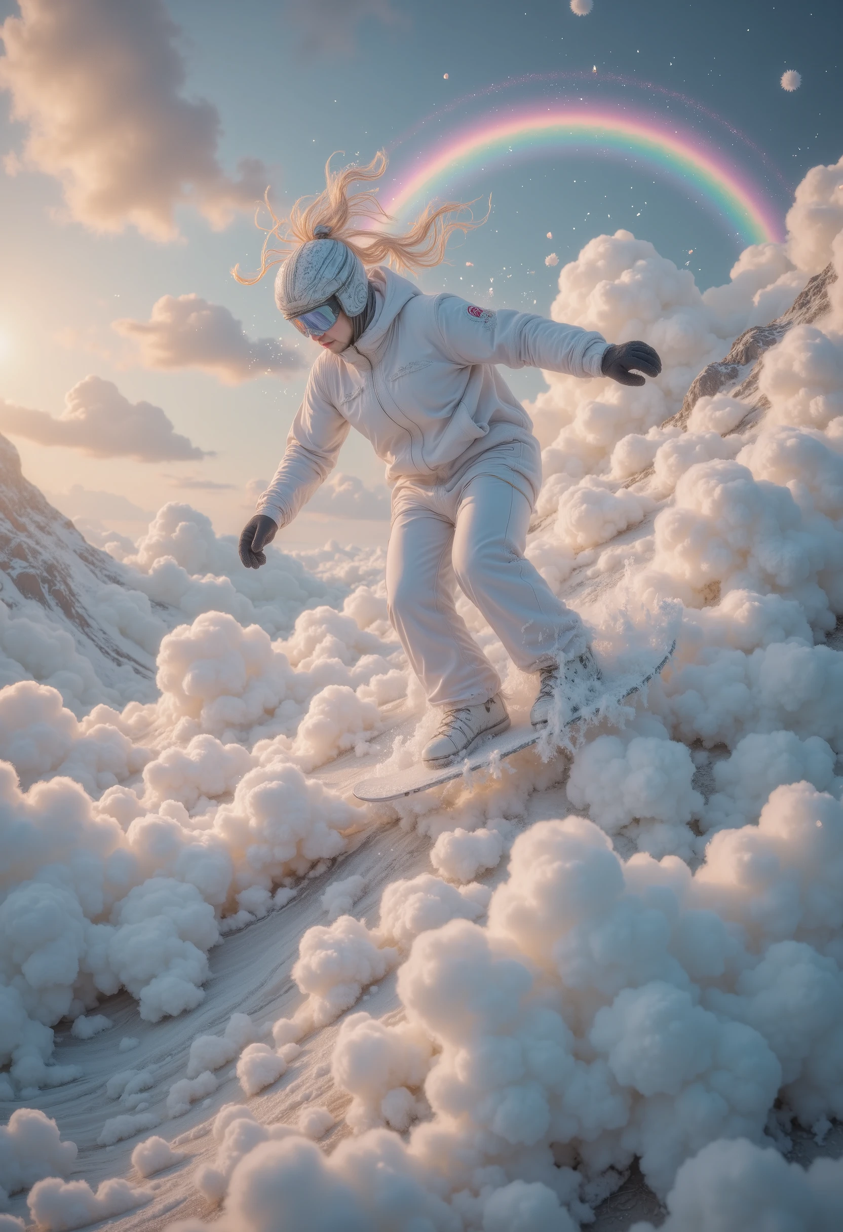wonderland,cloud,(masterpiece:1.2,Excellent quality , mirror-like , cinematic experience ),8K,wallpaper,Snowboarder ,(Jump:2.0),(Dynamic:2.0),( HD aerial footage :2.0),Asahi,( The background is a beautiful rainbow:2.0)