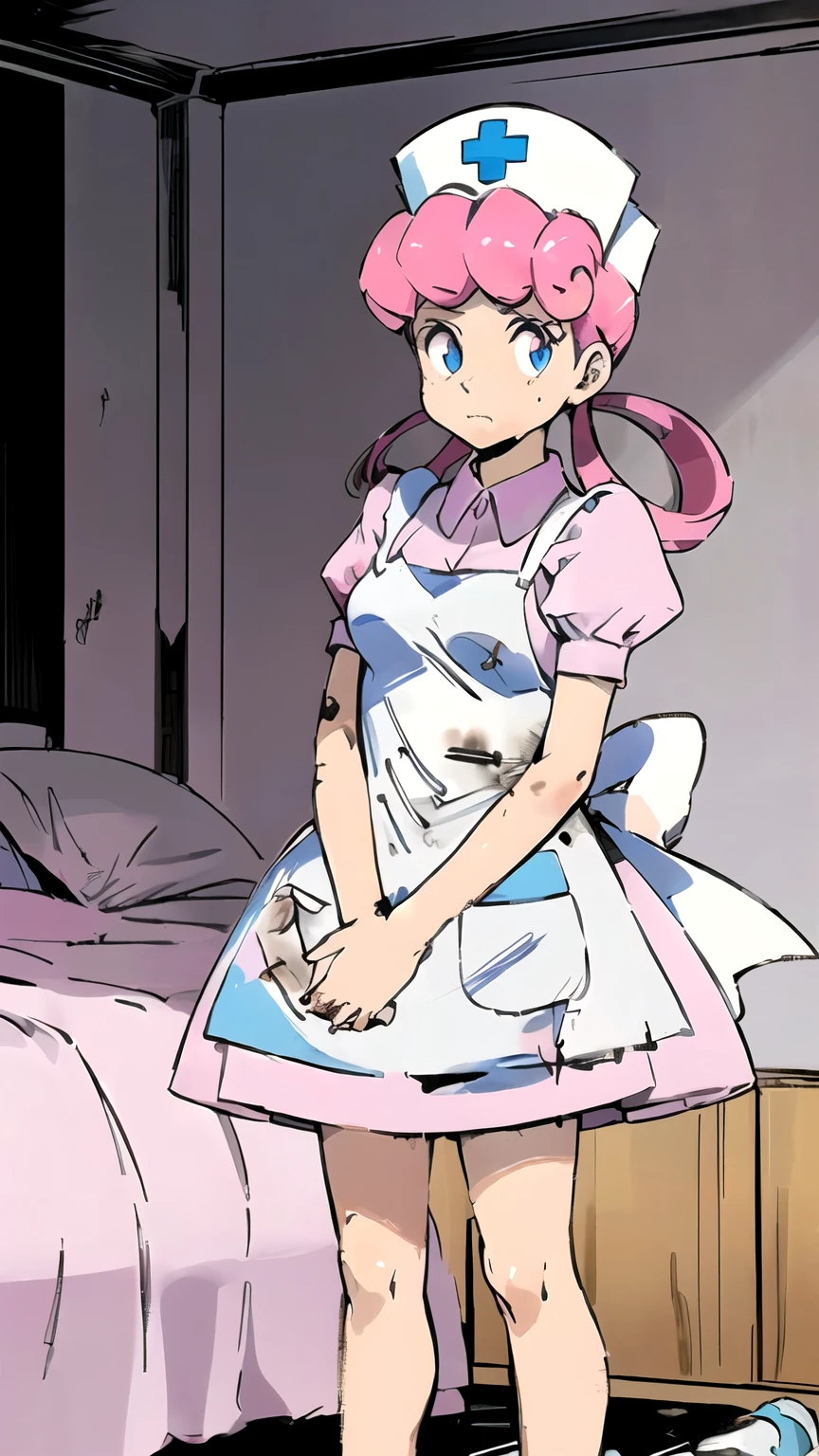 (masterpiece,best quality)), { Sugimori_Ken_artstyle_LoRA(1.2( : Manga_Style } {horror_edit} {horror_edit : creepy_room_aura} } { :(nurse joy, hair rings, bangs, perfectly_small_shape_breast : perfectly_slender_body : petite } { , nurse cap, pink collared dress, apron,,} {standing : obedient : hands_behind_head } { no_emotion : hypnotic_eyes : hypnotized_eyes : lazy_eyes} { sweating : } { : dirty room : dark : messy}