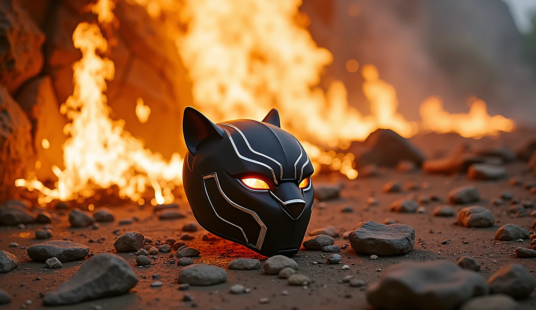 "A rapid, swirling montage of all previous elements—glowing mechanical panther, crackling portal, blazing fire, and the shimmering sword—all spinning in a chaotic, breathtaking blur. The images flash before the viewer’s eyes, each symbolizing a piece of the journey. Then, everything comes to a sudden halt, and the camera focuses on the ground, where the Black Panther's helmet lies abandoned. It rests on the cracked, charred earth, surrounded by glowing embers and flickering shadows. The helmet gleams softly, untouched by time, while the surrounding landscape is frozen in tension, as if holding its breath. The scene is filled with anticipation, as the fate of the battle hangs in the balance."