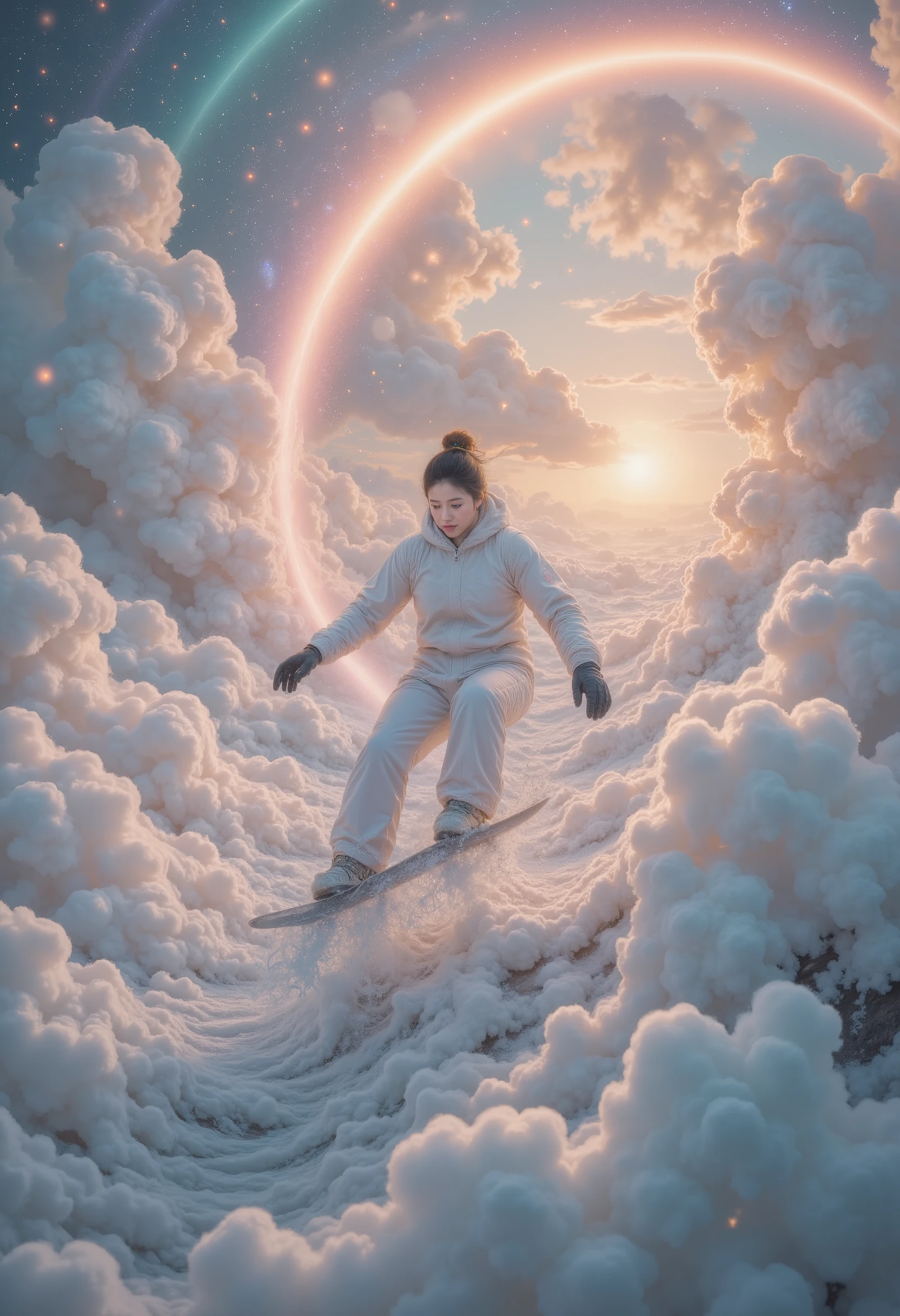 wonderland,cloud,(masterpiece:1.2,Excellent quality , mirror-like , cinematic experience ),8K,wallpaper,Snowboarder ,(Jump:2.0),(Dynamic:2.0),( HD aerial footage :2.0),Asahi,( The background is a beautiful rainbow:2.0)