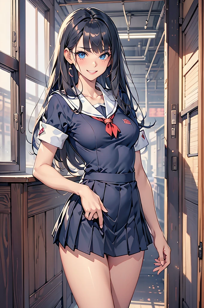 masterpiece, best quality, ultra detailed, art station, (full body in frame), 1girl, romanticism, solo, (detailed face), cute face, (((slim face))), ((sharp jawline)), blush:1.2, (heart shaped pupil:1.4), seductive smile, gasp, steam, (big eyes), panic, flustered, wind swept hair, cute choker, black choker, bowtie, (((tight school uniform))), (((mini school uniform))), (cropped school unform), (((unbuttoned:1.3))), ((bikini:1.6)), medium large boobs, perky boobs, puffy , perky , cleavage visible, showing off cleavage, showing off midriff, (showing off belly), bloated belly, puffy belly, (muffin top belly:1.1), abs, slightly muscular abs, accurate belly button, accurate lower belly, (slim waist), (wide hips), (panty strings:1.1), (((thong strings:1.1))), (mini skirt), thick thighs, (muscular thighs:1.2), (muffin thighs:1.2), thigh highs, looking at viewer, (dutch angle:1.2), facing the viewer, out of focus background, blur background, (background in a school hallway:1.3), (((perverts peeking at the girl in background))), (dappling sunlight:1.3), (vibrant colours:1.2), bright colours, (((NSFW)))