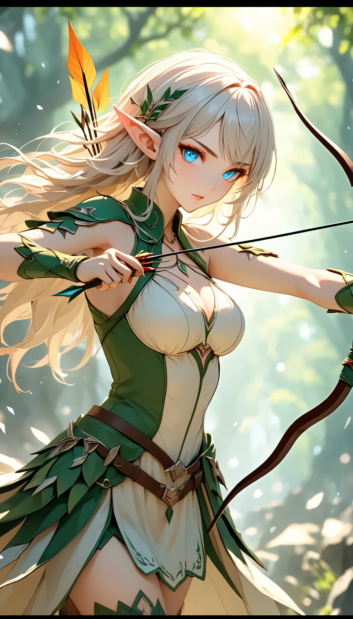 (best quality, Ultimate resolution, masterpiece), a beautiful adult woman, solo, elf, shooting an arrow, targeting you, attack with a bow and arrow, super detailed, dynamic, beautiful clear eyes, detailed hair, glossy, natural makeup, oily skin, BREAK the arrow is pointed at you, peers at you, from front, transparent fantasy atmosphere, blur background, super detailed, Natural soft focus, exposure, dramatic lighting, adjust color balance, bokeh, movie-like scene, clean and sharp line, super retina, ultimate resolution processing, 16k, ultra fine, \bshp\, digital super detailed animation