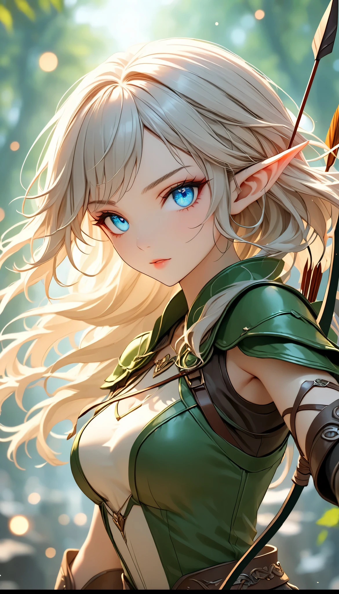 (best quality, Ultimate resolution, masterpiece), a beautiful adult woman, solo, elf, shooting an arrow, targeting you, attack with a bow and arrow, super detailed, dynamic, beautiful clear eyes, detailed hair, glossy, natural makeup, oily skin, BREAK the arrow is pointed at you, peers at you, from front, transparent fantasy atmosphere, blur background, super detailed, Natural soft focus, exposure, dramatic lighting, adjust color balance, bokeh, movie-like scene, clean and sharp line, super retina, ultimate resolution processing, 16k, ultra fine, \bshp\, digital super detailed animation