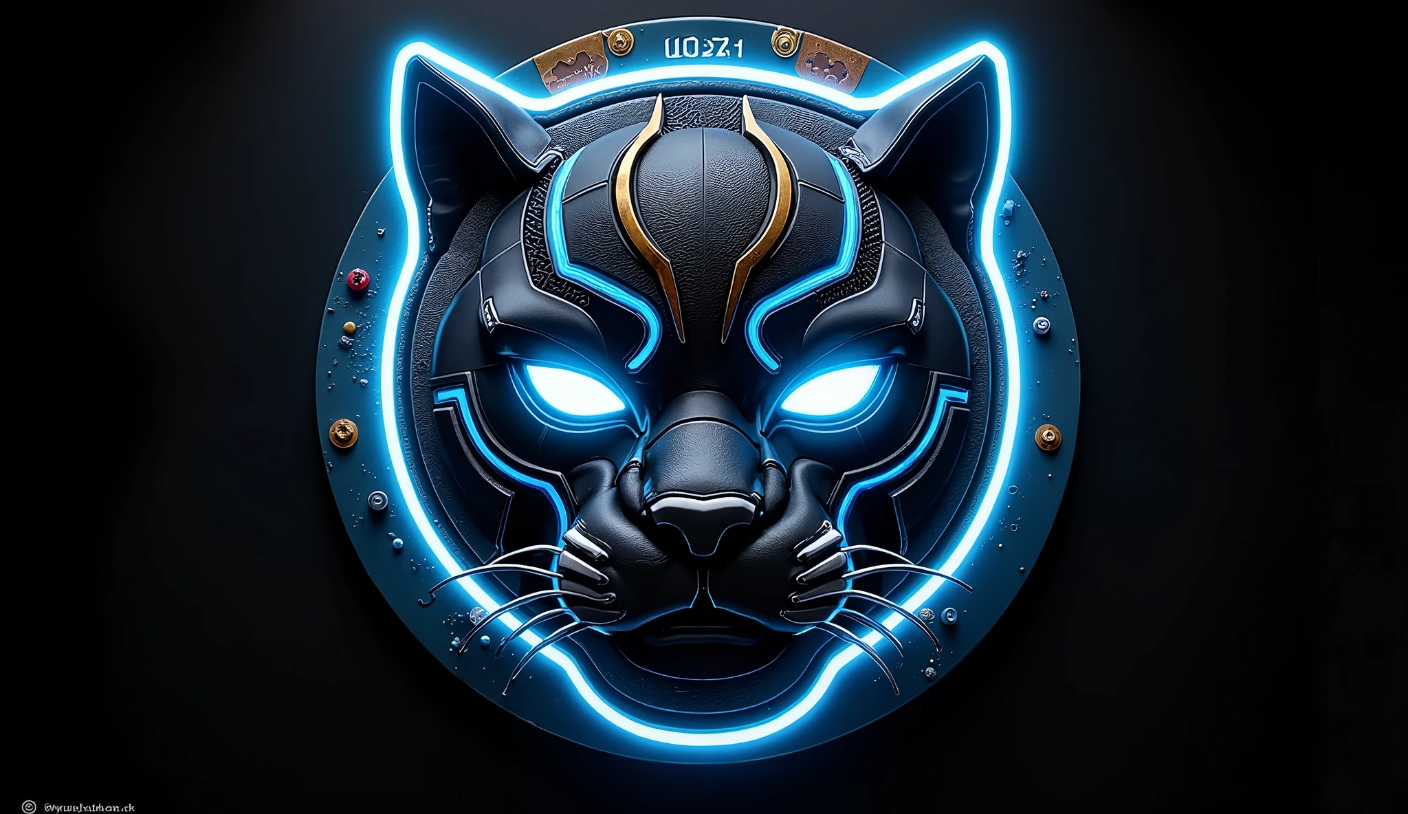 "A bold and intricate new design for the Black Panther logo, combining the mechanical, industrial elements of steampunk with the sleek, futuristic aesthetics of cyberpunk. The logo features a stylized panther’s head, its eyes glowing with neon blue light, set against a backdrop of intricate gears, cogs, and metallic filigree, typical of steampunk. The panther’s form is sharp and angular, with a sleek, glowing cyberpunk outline made of luminous neon lines, evoking the high-tech edge of the future. Steam vents and electrical circuits are subtly integrated into the design, creating a fusion of organic and mechanical elements. The overall look is both gritty and polished, evoking a sense of strength, mystery, and advanced technology."