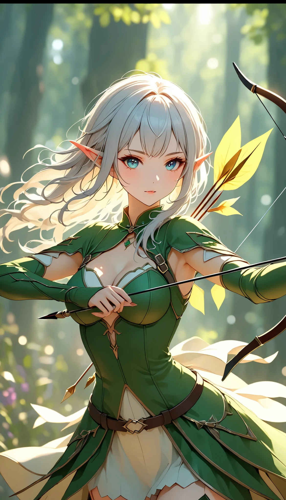 (best quality, Ultimate resolution, masterpiece), a beautiful adult woman, solo, elf, BREAK draw an arrow with her bow and shoot it at you, transparent fantasy atmosphere, blur background, super detailed, Natural soft focus, exposure, dramatic lighting, adjust color balance, bokeh, movie-like scene, clean and sharp line, super retina, ultimate resolution processing, 16k, ultra fine, \bshp\, digital super detailed animation