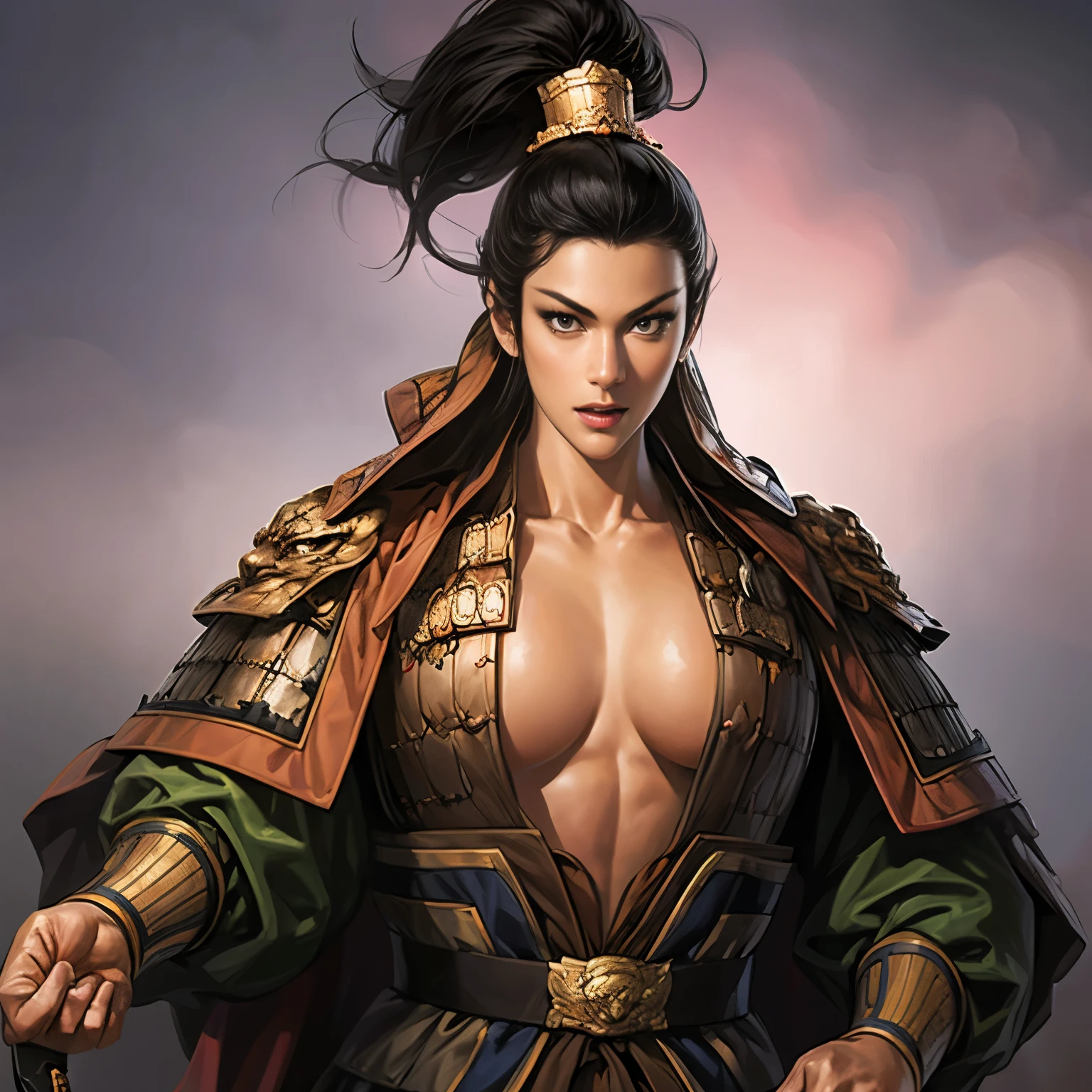 ((Create an image from the top of the head to the thigh)), Three Kingdoms illustration , ((Female solo)), ( Beautiful Woman), beautiful face , perfect hand , ( black hair ), sexy expression , excited expression, Various facial expressions, various poses, Brilliant background , blurry background , beautiful iron armor, Chinese iron armor , sword, Flying Cloak , Woman holding armor and cloak , Person holding a weapon, ( big boobs), ( visible chest bone ), (slim body), ((dark skin)), ( black skin)