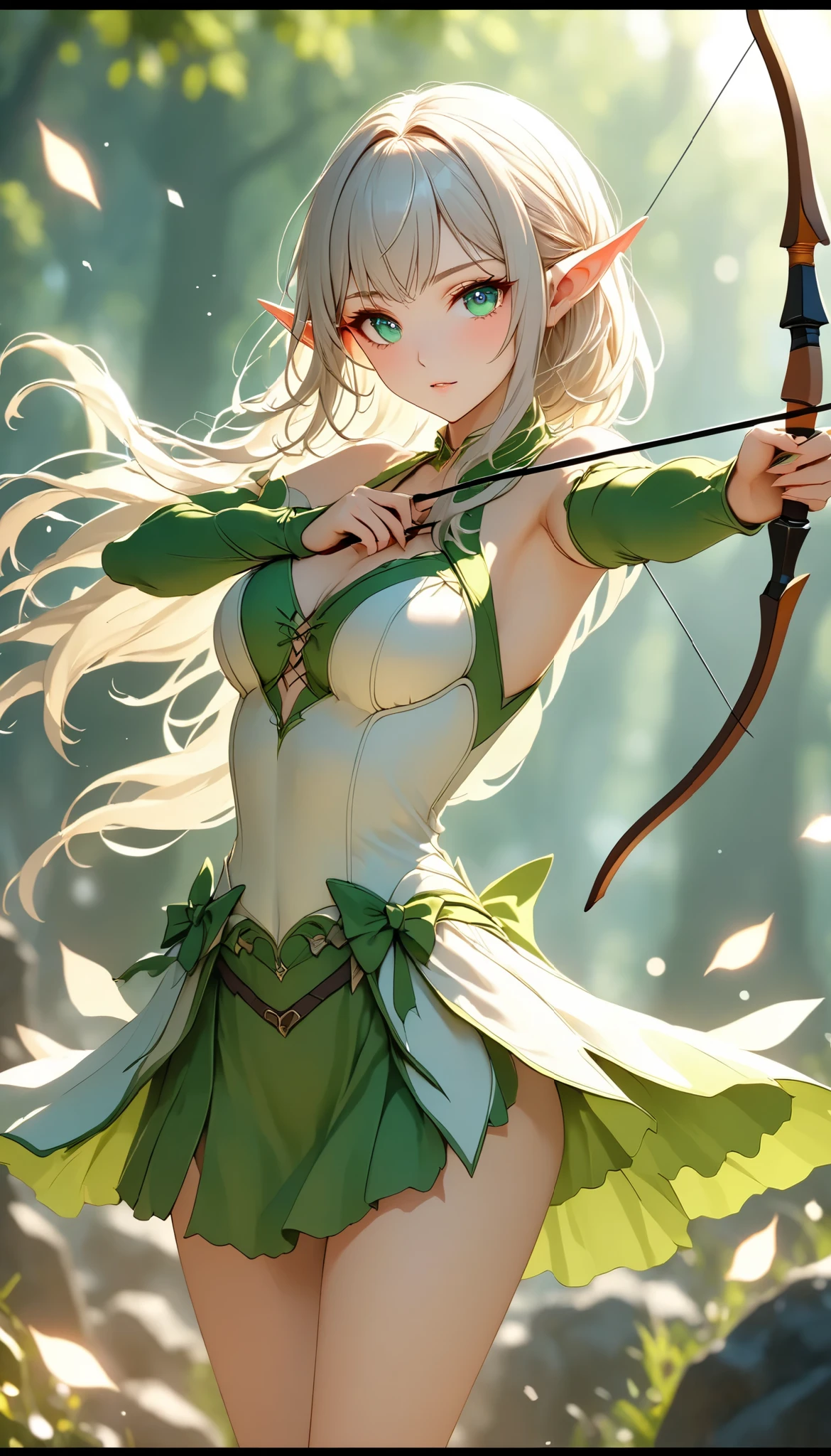 (best quality, Ultimate resolution, masterpiece), a beautiful adult woman, solo, elf, BREAK draw an arrow with her bow and shoot it at you, transparent fantasy atmosphere, blur background, super detailed, Natural soft focus, exposure, dramatic lighting, adjust color balance, bokeh, movie-like scene, clean and sharp line, super retina, ultimate resolution processing, 16k, ultra fine, \bshp\, digital super detailed animation