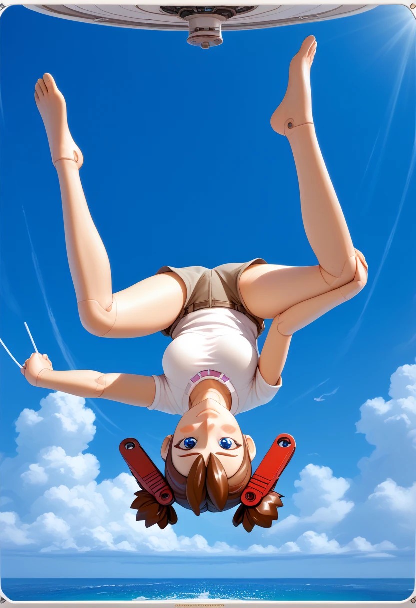 A Female mature robot exposes her inside mechanical organ. she wears white one-piece. Her Brown very short pigtails is tied with two big red clothespins, masterpiece, mature, android, blue eyes, full body, Height: 160cm, flushed cheeks, Uplifting, No NSFW, whole body, barefoot, archaic smile, getting orgasm, sweat bucket.  full body shot, floating hair, looking straight. multiple girls.   robot made of naked equipment, Japanese 2000's animation style. A middle-aged android with blue eyes. Her brown short pigtails are very short and tied with two big red clothespins. She has archaic smile. She is still under construction. She wears short pale ware. She can do a handstand. She looks over heated. her legs up.
