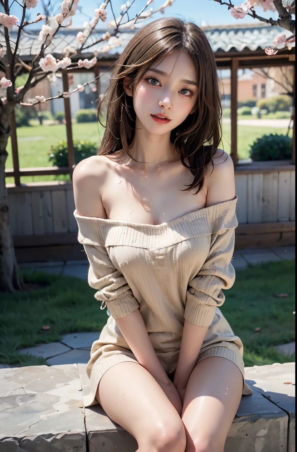 1 rapariga,Peach tree, brown_Eyes, brown_Hair, build, Off-the-shoulder knitwear, pearls necklace, cparted lips, Shorthair, Looking_at_peeping at the viewer, exteriors, East Asian courtyard, 独奏, the cherry trees, The upper part of the body_Body, springtime, Detailed_Eyes,, straddle, Chest camera, The large, Ears come out, face in golden proportions, The body of the golden ratio, best qualtiy,hyper HD,Thick bangs,Long_Wavy_Hair