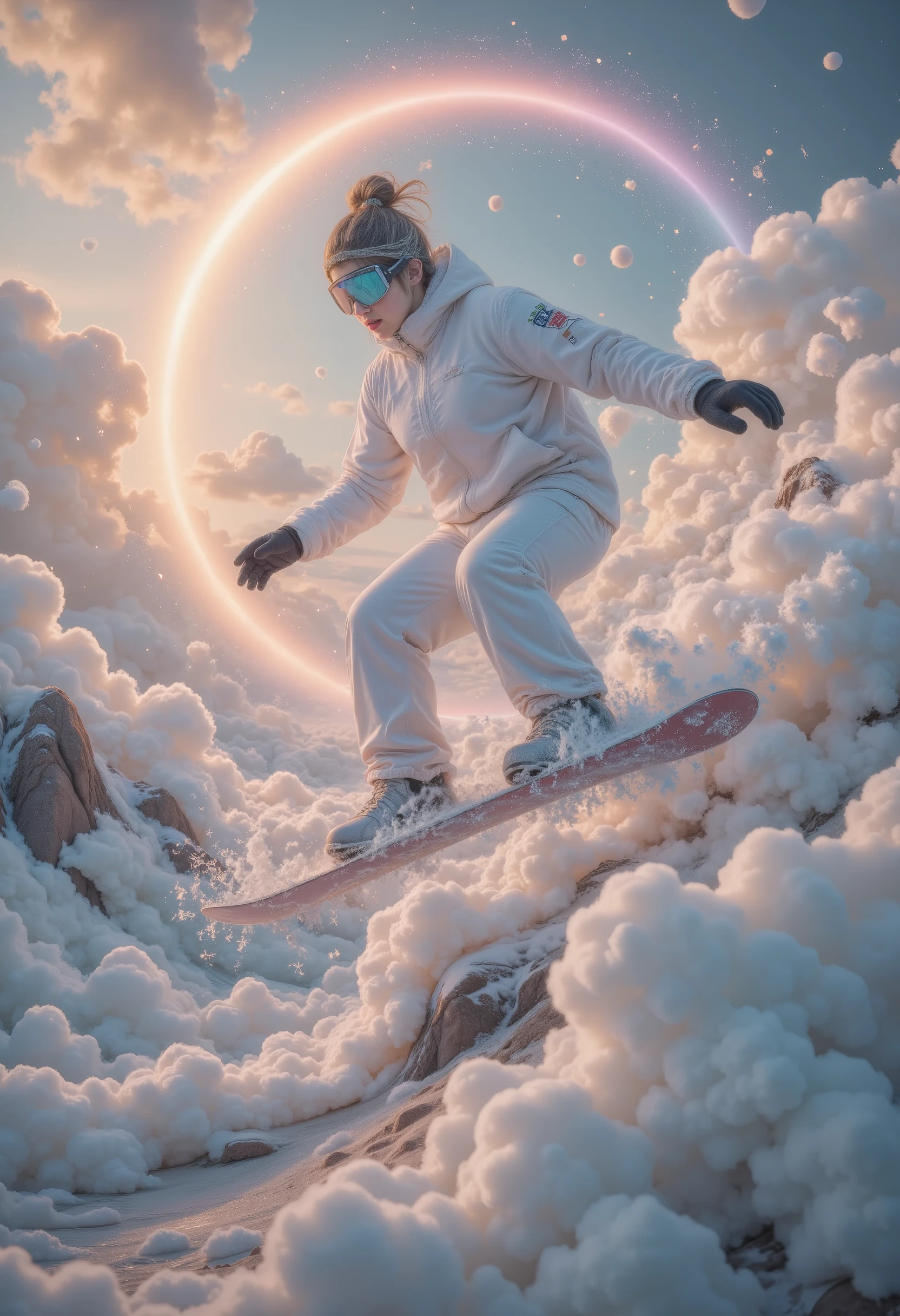 wonderland,cloud,(masterpiece:1.2,Excellent quality , mirror-like , cinematic experience ),8K,wallpaper,Snowboarder ,(Jump:2.0),(Dynamic:2.0),( HD aerial footage :2.0),Asahi,( The background is a beautiful rainbow:2.0)