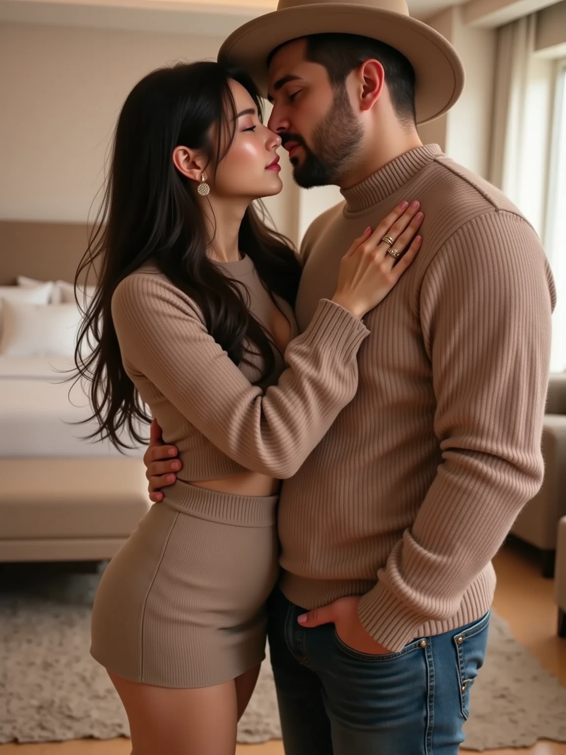 Man wearing white t shirt, denim shirt and jeans kissing a sexy woman wearing a white t shirt and jeans in a mall