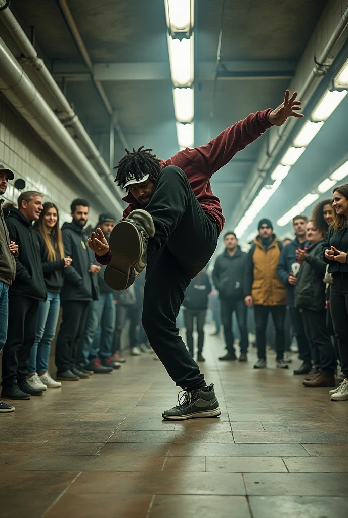 A Person Dancing Break at a Metro Station With Several People Around With a Radio Recorder Next To It