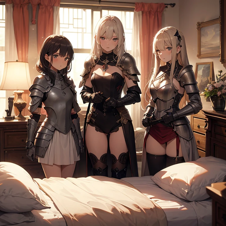 A group of young female knight, (in bedroom), various hair styles, harem, wearing armored clothes, metal armor, night, details face, , short skirt, seducing, sword, sleeveless , night, starry night