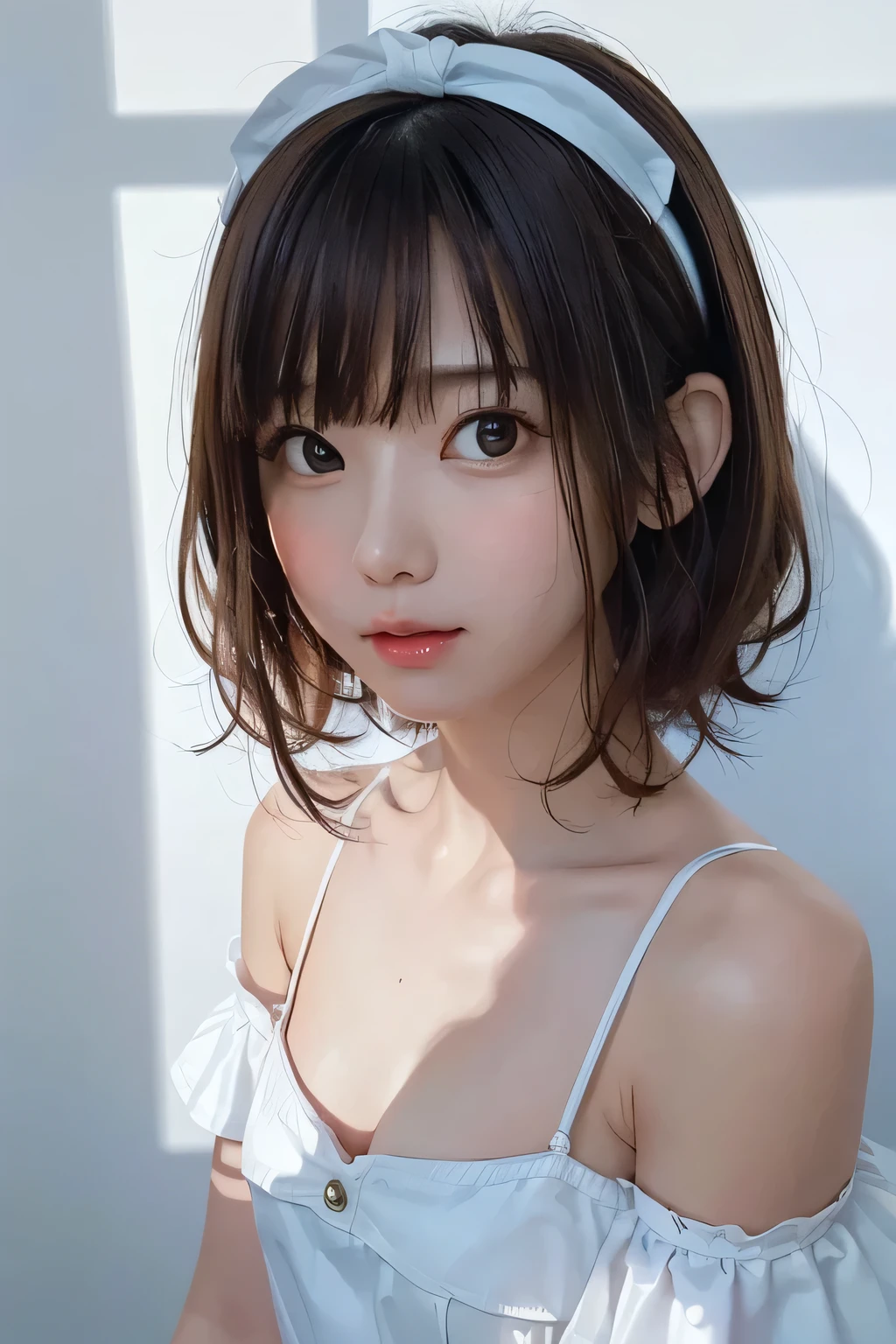 (masterpiece、 best quality、 super detailed description 、 super high resolution)、( portrait shooting:1.3)、 girl 、solo、((small chest))、 cute、 idol face、ruffled drop shoulder、(Professional lighting and shadows:1.4)、glow-in-the-dark headband top