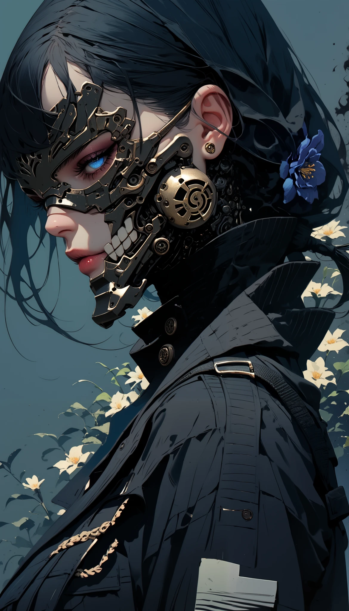 1 matured woman, black trench coat, black long pants, black hair, (Half of the face is hidden by a mask:1.2), blue eyes, slightly opened eyes, pony tail, Side view of the face, no smile, detailed background, dark background, night flower garden, ultra detailed, 8k