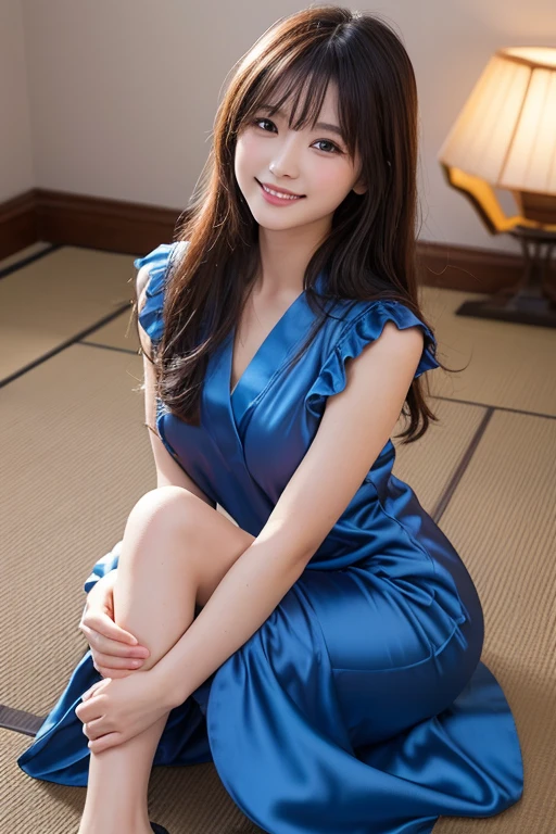 (best quality), ((8k, raw, masterpiece: 1.5)), ((professional photography, sharp: 1.2), ((half body photoshoot)), perfect dynamic composition, (natural sun light), (soft shadow), (bedroom background), ((black medium curly hair)), Ultra-detailed faces and skin, perfect Asian, gorgeous, White skin, (Delicate skin:1.4), (latex skin:0.4), (perfect glowing skin:0.3), (huge round breast: 1.5), light brown eyes, beautiful eyes, round eyes, pretty face, blush, glossy lips, plump lips, high nose bridge, glossy eyes, Really moist skin, (((huge smile))), looking at camera, (((wear blue and green floral gown)))