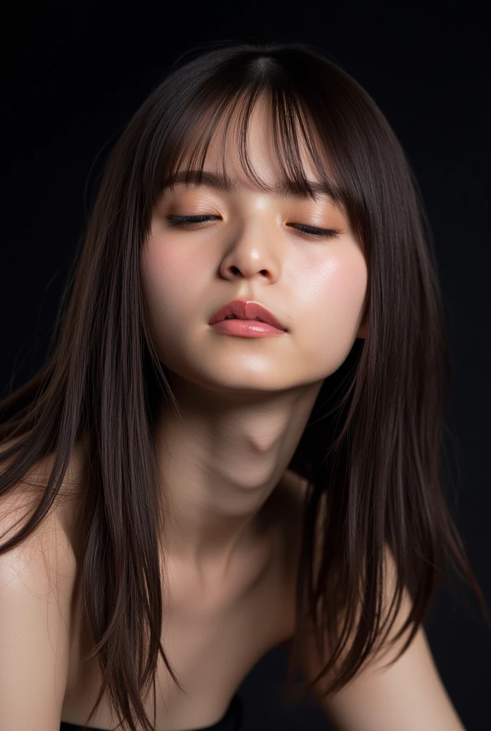 She wants to kiss, masterpiece, accurate, super detail, high details, high quality, award winning, best quality, 16k, perfect , (Front view, upper body), ultra high-resolution hair, brown hair, long hair, detailed face, realistic textured skin, face on focus, (closed eyes, face waiting for kiss:1.3), parted lips, (,  shoulders:1.3), Black background,