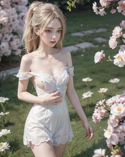 8K、An ultra-high picture quality、Ultra-realistic details、18-year-old beauty、1 person、a blond、Superwavy hair、eye glass、Super soft udder、Slender body、(Leaning forward)、(Breast exposure:1.6)、3d rendered、Wearing a white camisole dress、Upper and lower innerless、landscaped gardens、Blur the background、Professional photographer photography、