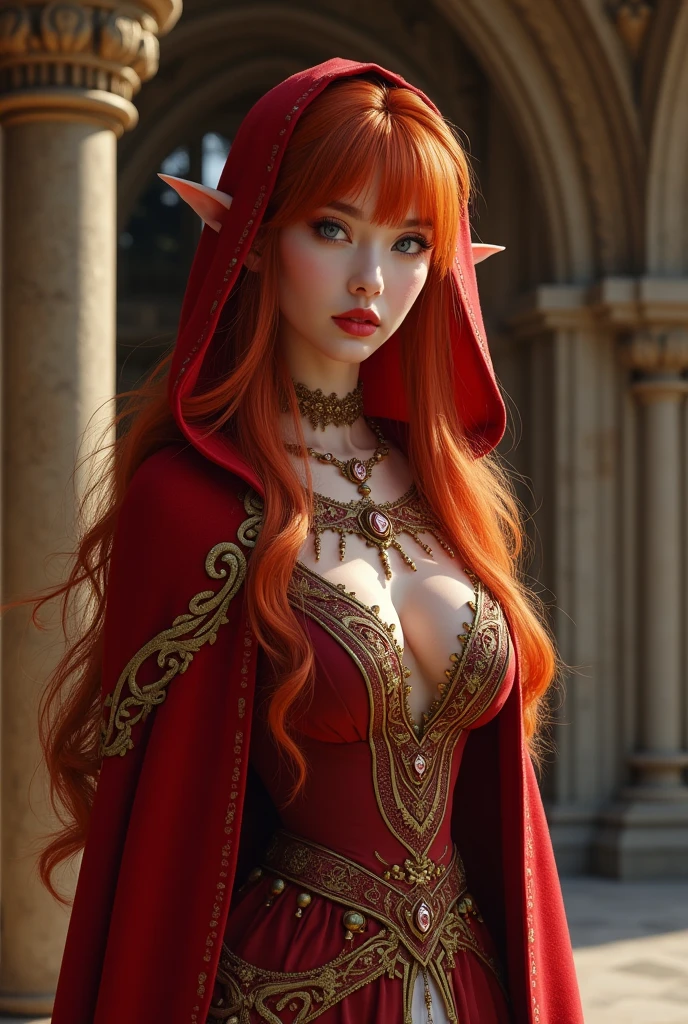 Anime girl red eyes red hair elf ear beautiful red dress