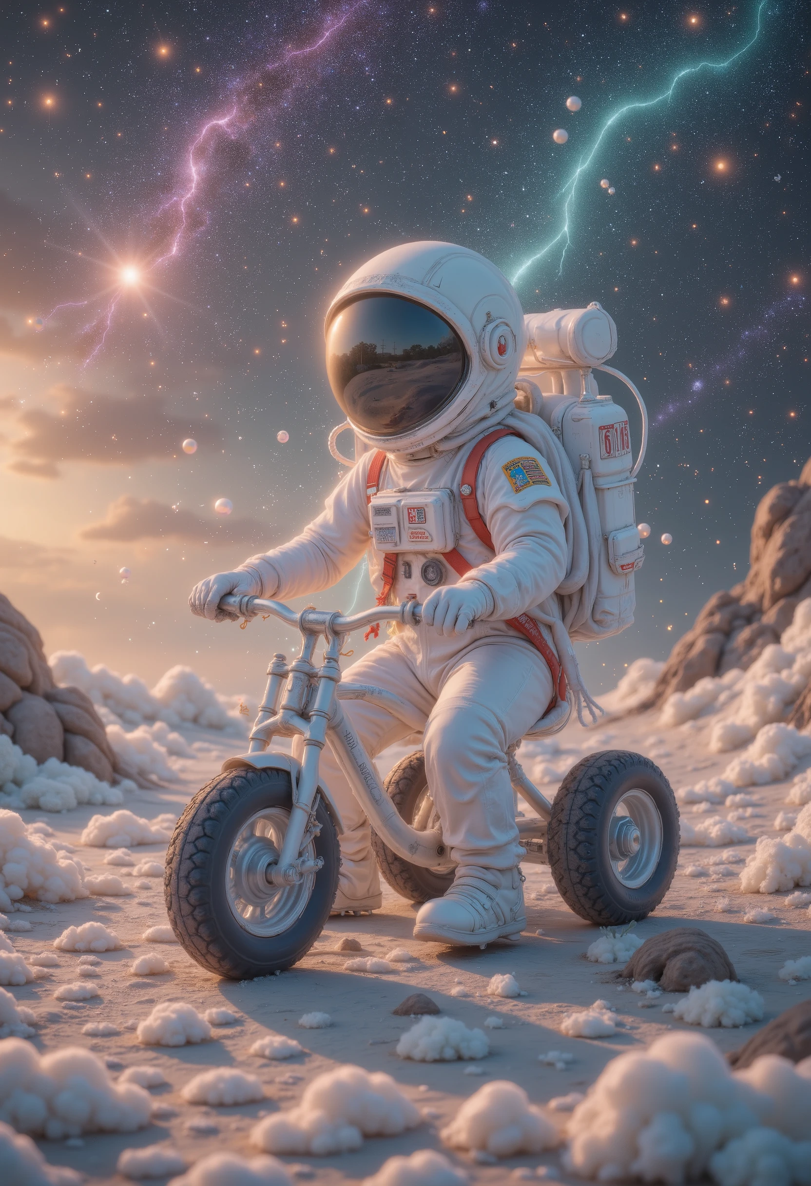 wonderland,cloud, The visually appealing Q version of the astronaut in the movie stills is depicted in great detail, Wearing a black visor, in a fresh white suit with red straps . The adorable hero rides a tricycle with high-grip tires , Exploring the surface of the Moon . The background shows a charming galaxy full of stars and cosmic wonders . This conceptual art piece combines anime , photography, illustration, and font design to create a whimsical 、Imaginative image of space exploration .