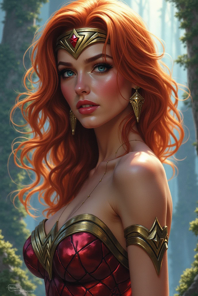 a hyper-realistic portrait of a young woman, smiling, under a tree, inside a forest, in the middle of nature, 22 years old, realistic, (lying on her side), sexy, (huge breasts 2:1), short brown hair, (hair tied with bows), curved, SFW