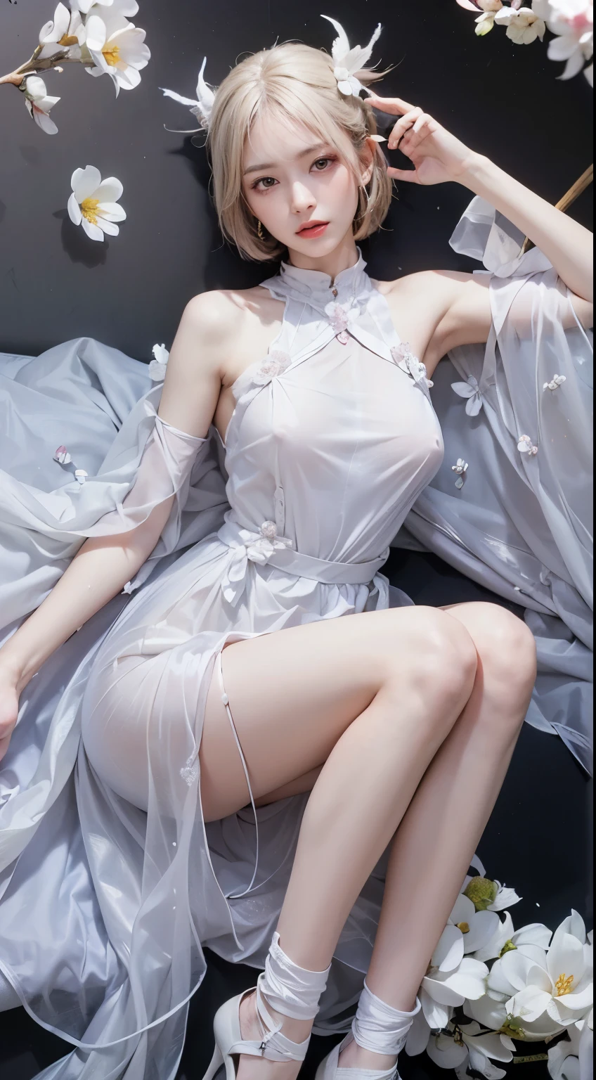 ganyu (genshin impact),,(magic circle:1.1),xiuxian, ((bare shoulders)), ((whole body)), actual, fashion girl, red lips, mature women, cosmetics, big eyes, beautiful eyes, ((whole body)), ((from below)), (best quality, masterpiece:1.2), Super detailed, (actual:1.37), ((Sexy long legs)), beautiful, young and energetic, Charming model with, big breasts, cleavage, (delicate eyes, Detailed lips, extremely delicate eyes), show a bright smile, Create stunning girl images, Warm colors, Extremely high color saturation, official art, Extremely detailed CG unified 8k wallpaper,(high dynamic range :1.4), (cinematic),(pastel colors, dull color, soothing tone :1.3), (natural skin texture, ultra-actual, soft light, sharp),(Very detailed), night, moonlight, ((in the mountains, plant, Leaning against the rocks))