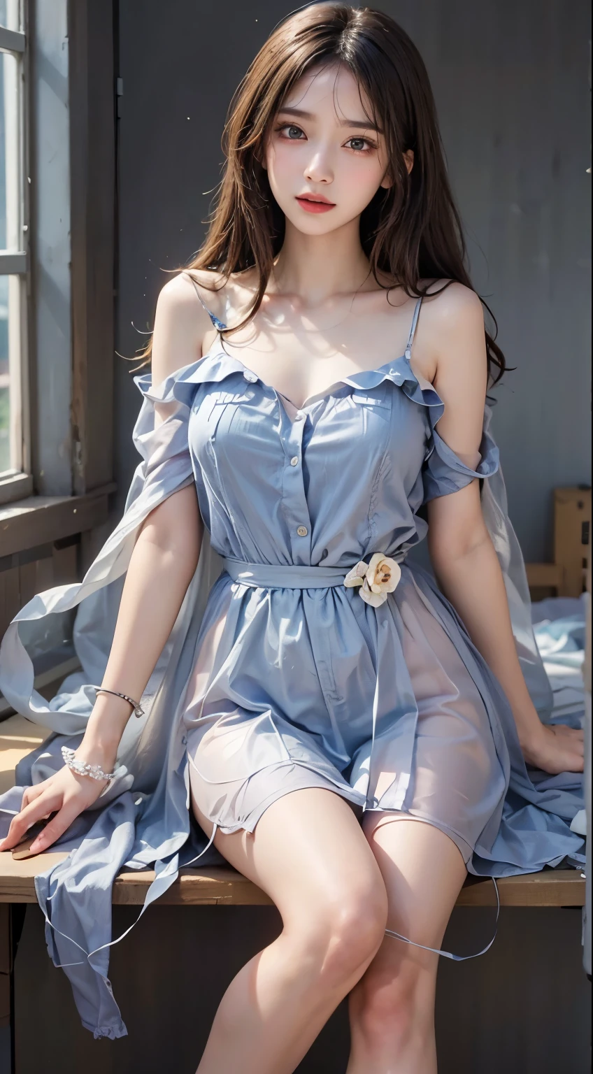 ((Very detailed, highest quality)), floating, (A very delicate and beautiful dreamlike scene.), (Detailed eyes and face), (elegant blue dress), (Wide Shot), (Mysterious atmosphere), (fairy tale), (sunlight), (Soft Light), (pastel colour), (Beautiful breasts:1.2), (Small beautiful butt:1.2)