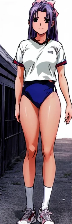 Momoko Koigakubo, a tall girl with beautiful legs, is standing in a white gym uniform and navy blue bloomers that look like panties.。
