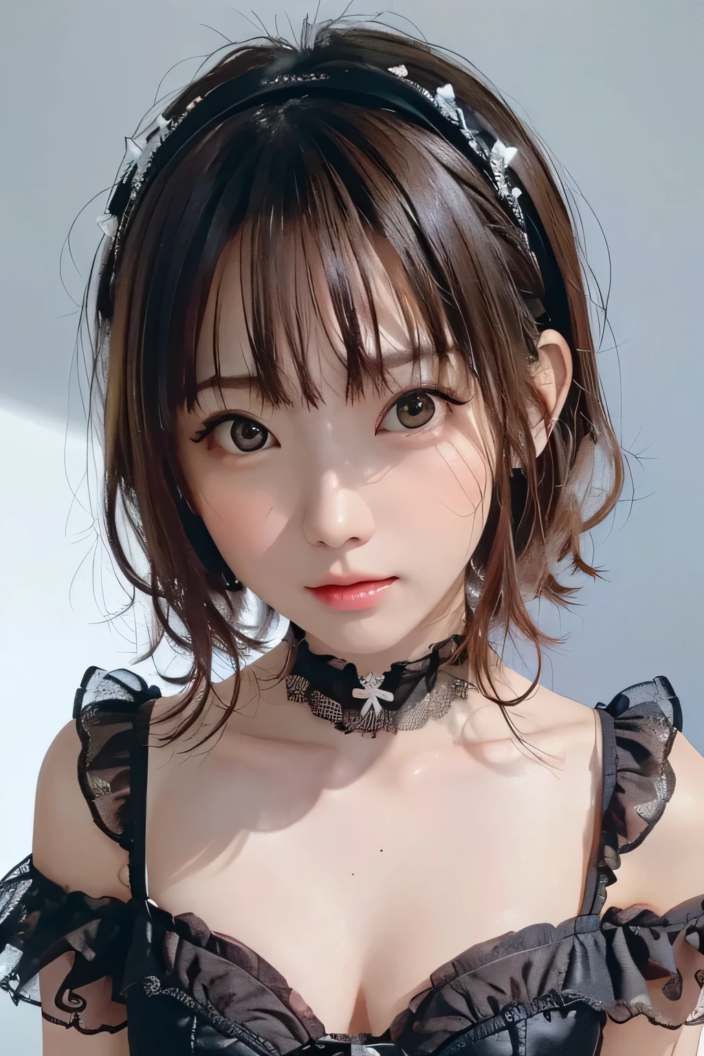 (masterpiece、 best quality、 super detailed description 、 super high resolution)、( portrait shooting:1.3)、 girl 、solo、((small chest))、 cute、 idol face、ruffled drop shoulder、(Professional lighting and shadows:1.4)、glow-in-the-dark headband top