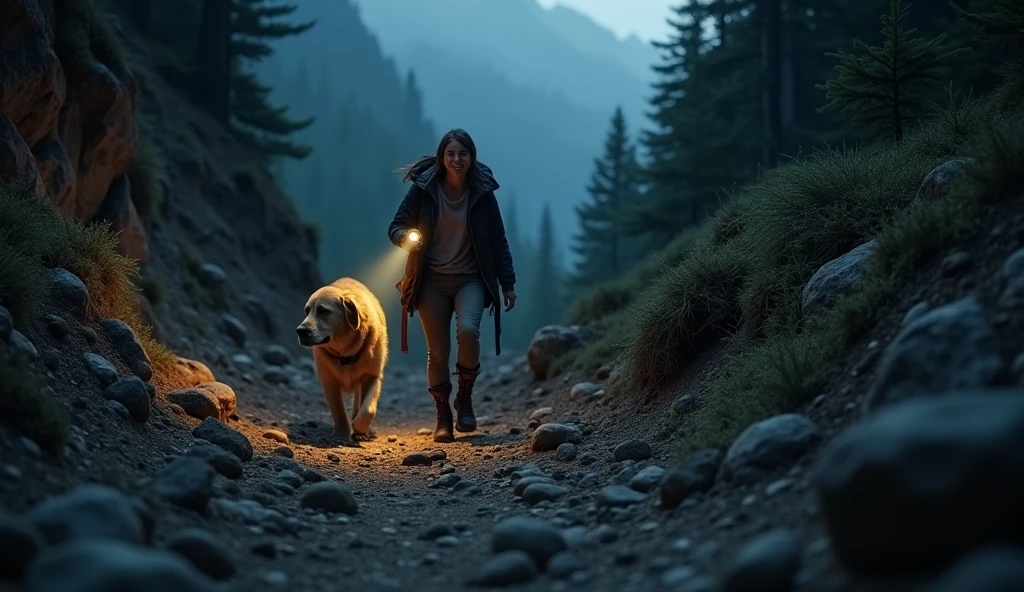 A rugged mountain trail, narrow and uneven, with a young woman carrying an injured man on her back. A Golden Retriever trots ahead, carefully leading the way past rocks and tree roots. As night begins to fall, the beam of the woman's handheld flashlight illuminates the dim path. The dog occasionally turns back to look at her, as if checking on her progress. The injured man, though weak, manages a grateful smile in the faint light.