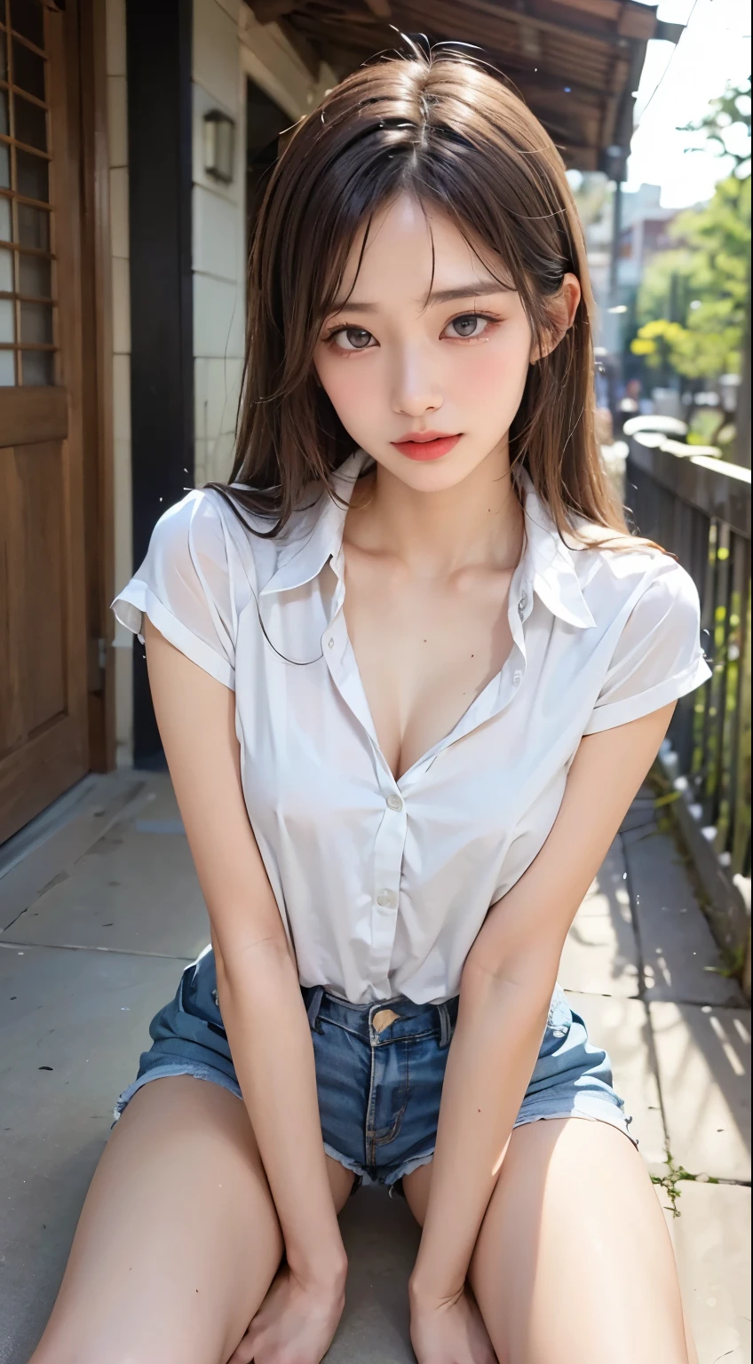 highest quality,Photo quality,Ultra-high resolution,Professional Lighting,14 years old,Beautiful face like an actress,With bangs,Sexy shorts:1.2、Amazingly cute、(((裸エプロン)))、ブラジャーが透けて見えている、キッチン、
