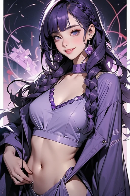 Cosmic Queen has fair skin with indigo eyes and violet lipstick. Her blushed cheeks are faint purple. She has glittering turquoise hair worn in several vertical rolls. She wears a glittery purple jumpsuit with a single sleeve, a silver belt, and silver cowboy boots. She also wears white sunglasses with pink heart-shaped lenses. PARKLE; GLITTER