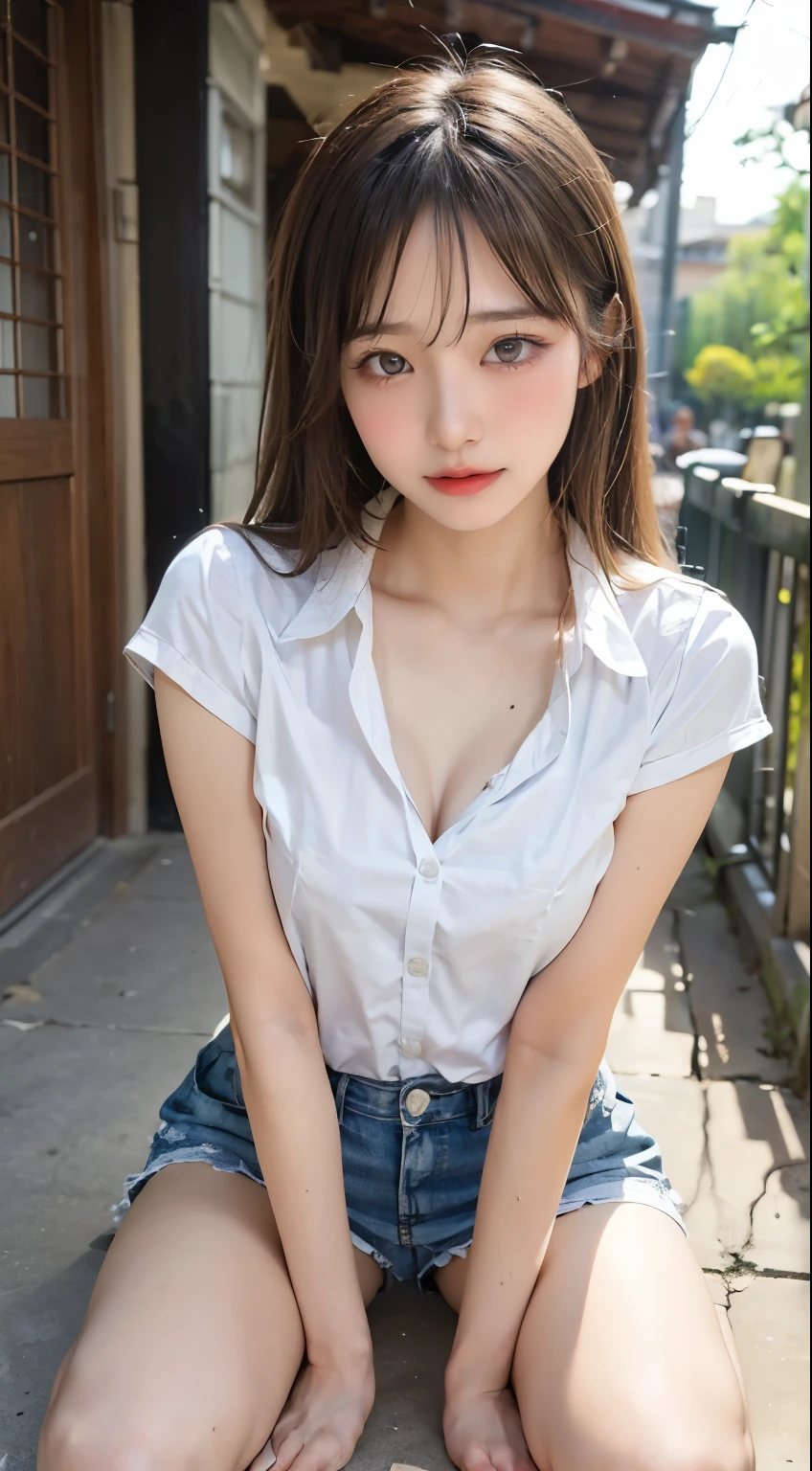 Bright honey-colored long hair with curls, The most beautiful girl in the world at 15, Young body type, Childish expression, Beautiful light brown eyes, Big double eyelid eyes, Glossy Lips, Round face, eyeliner, shirt, The button３Out of place, A glimpse of the chest, The chest is exposed, Small breasts, Small breasts, In an empty park, Denim mini skirt, Squatting in pumps, A glimpse of white panties, Snow-white skin, Glowing Skin and Bright Cheeks, Small breasts, A shy smile, Tilt your head a little, 