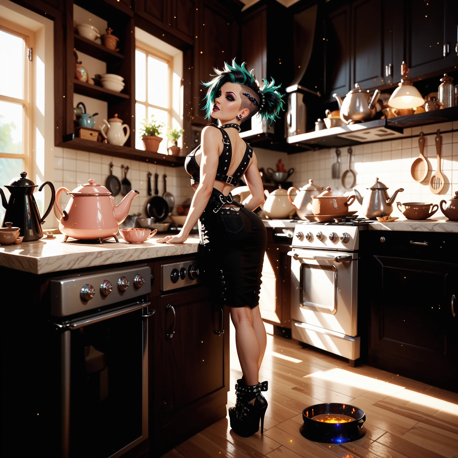 A sexy goblin with very big bouncy, big nipples, big ass, trailer trash cute face, and a crazy hairdo is cooking in a chaotic kitchen. She is wearing a trailer trash queen outfit and playfully flirting with the viewer. The scene is captured in (best quality,4k,8k,highres,masterpiece:1.2) ultra-detailed, realistic style, with vivid colors and sharp focus. The kitchen is messy and filled with pots, pans, and utensils, creating a sense of chaos. The lighting is warm and inviting, highlighting the goblin's features and the vibrant colors of the kitchen.