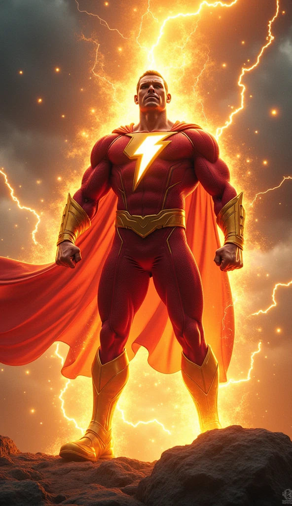 a man dressed in a superhero outfit, red and yellow clothes, with a brown cover and a drawing of a meteor coming out of the photo on the chest, red and yellow mask