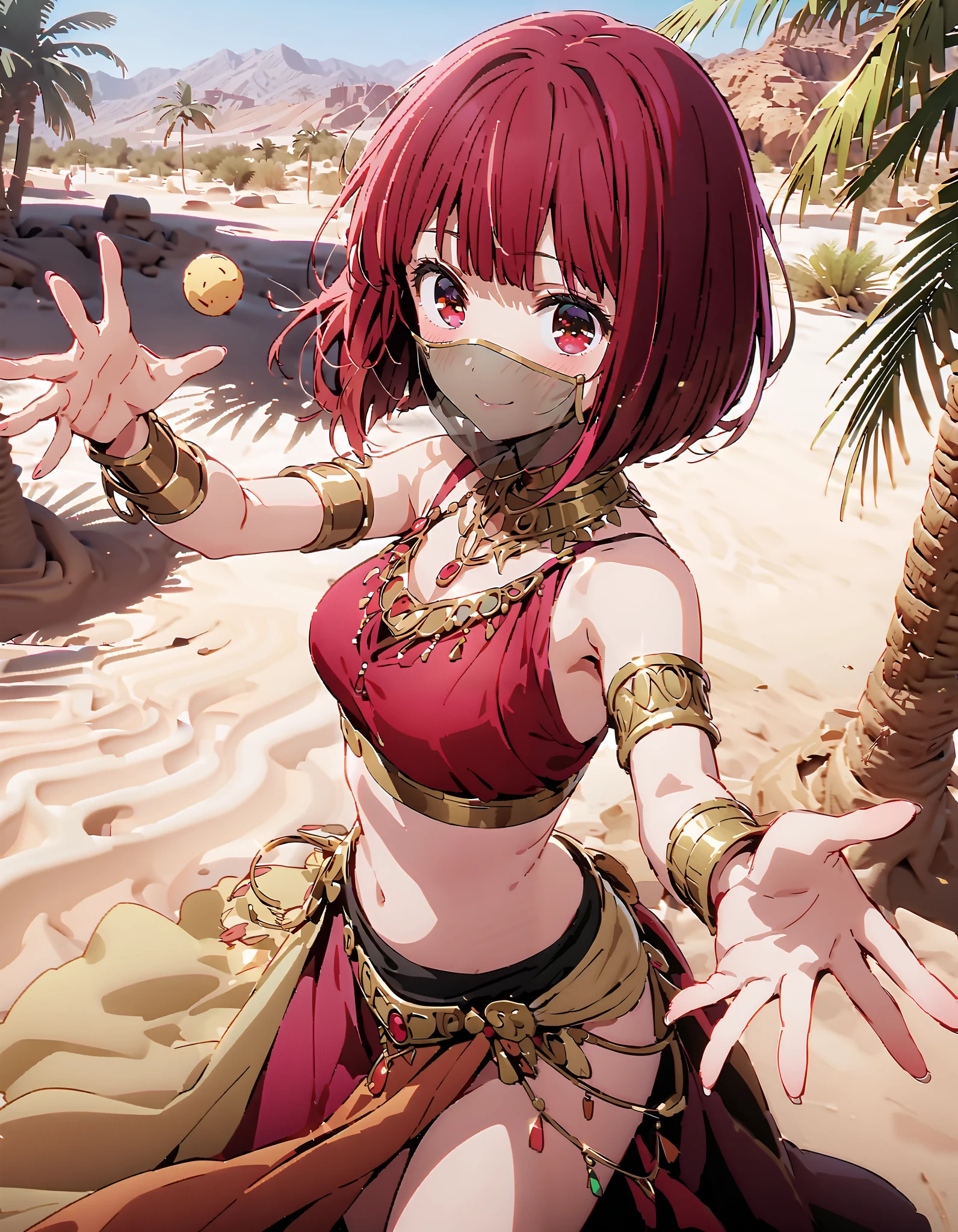 Canary, Arima etc., short hair, bangs, red eyes, Red Hair, bob cut, smile, blush, Arabian costume, dancer, mouth Veil, belly Dancing, Veil, armlet, palm tree , Dancing,Bare legs, holding a triangular rice ball with both hands , break looking at viewer,
break outdoors, desert,oasis,
break (masterpiece:1.2), best quality, high resolution, Unity 8K Wallpaper, (figure:0.8), ( precise and beautiful eyes:1.6), very detailed face, perfect lighting, very precise CG, ( perfect hand, perfect anatomy),