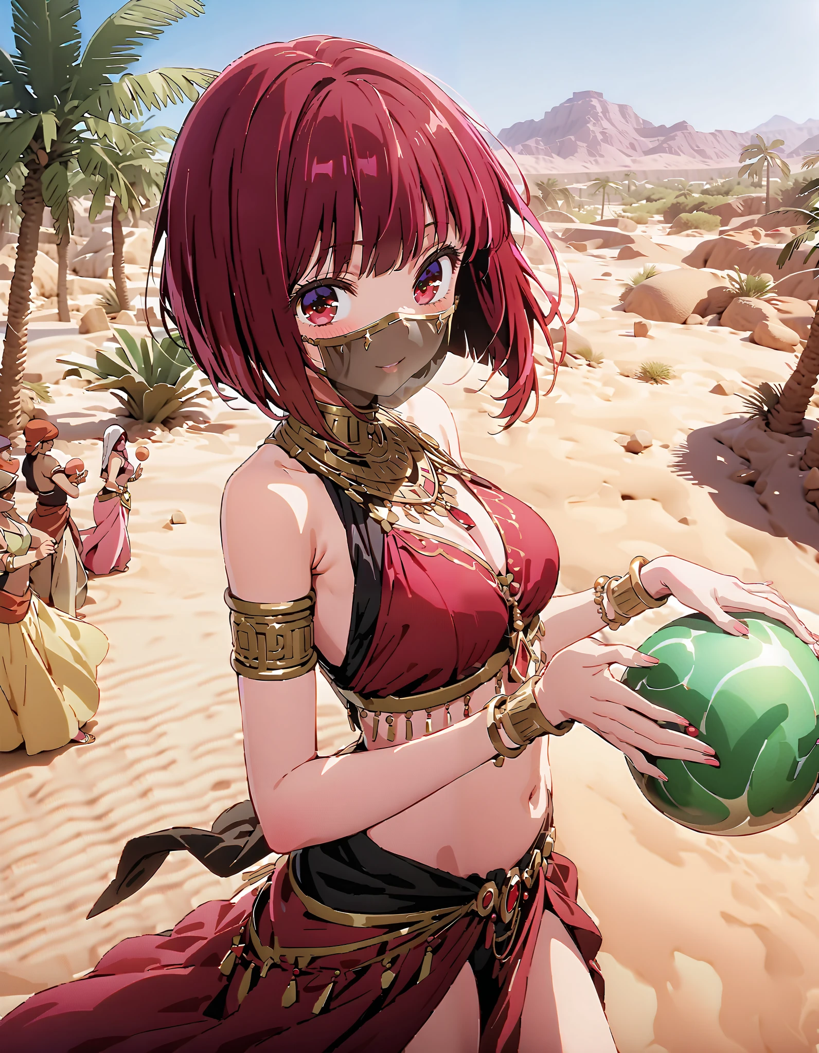 Canary, Arima etc., short hair, bangs, red eyes, Red Hair, bob cut, smile, blush, Arabian costume, dancer, mouth Veil, belly Dancing, Veil, armlet, palm tree , Dancing,Bare legs, holding a triangular rice ball with both hands , break looking at viewer,
break outdoors, desert,oasis,
break (masterpiece:1.2), best quality, high resolution, Unity 8K Wallpaper, (figure:0.8), ( precise and beautiful eyes:1.6), very detailed face, perfect lighting, very precise CG, ( perfect hand, perfect anatomy),