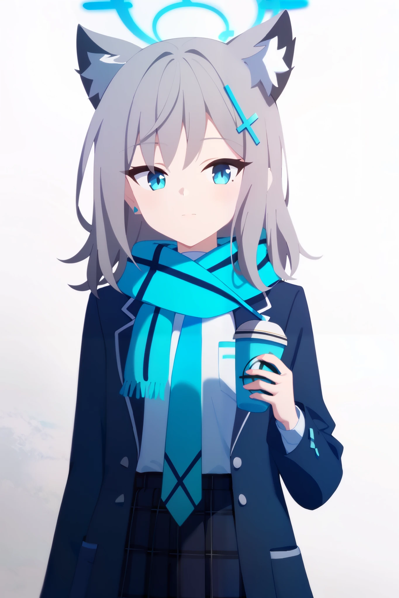1girl, solo, shiroko \(blue archive\), blue eyes, grey hair, hairclip, animal ears, halo, scarf, jacket, white shirt, necktie, plaid skirt, white socks, sneakers, white background, upper body, super detail, high details, high quality, best quality, highres, 8k, UHD