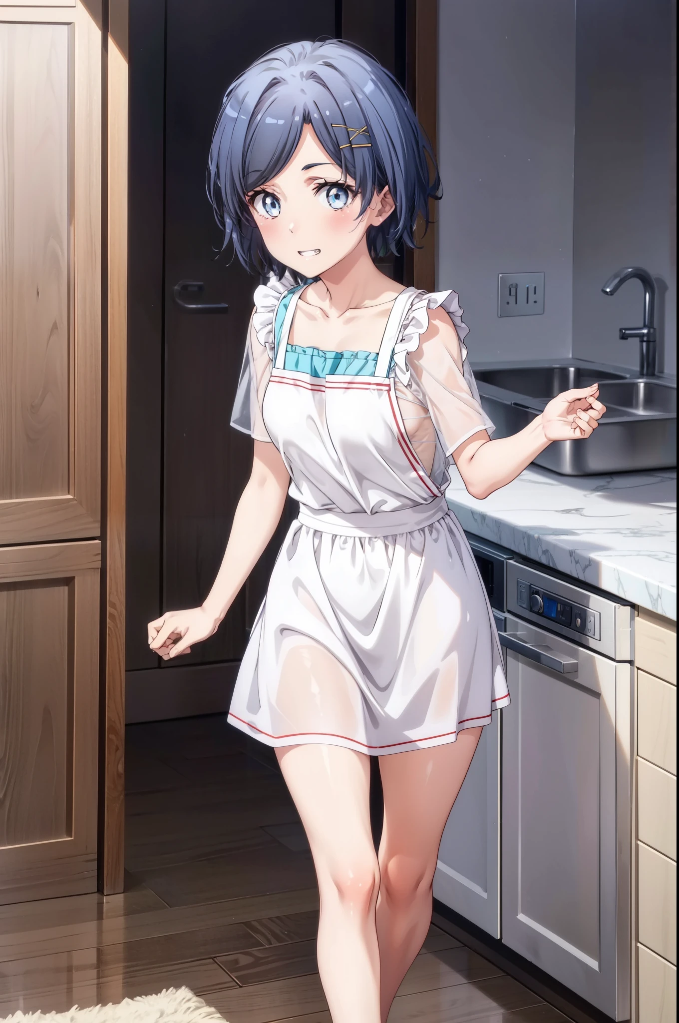 Japanese countryside kitchen,smile,Are standing,close your eyes,1. small ,short hair,Black Hair,blush,apron,Completely naked,barefoot,White skin,From below,shy,Sweaty,Wet,PAW Pose,Mouth wide open,Cat ear,Cat's Tail,From below,