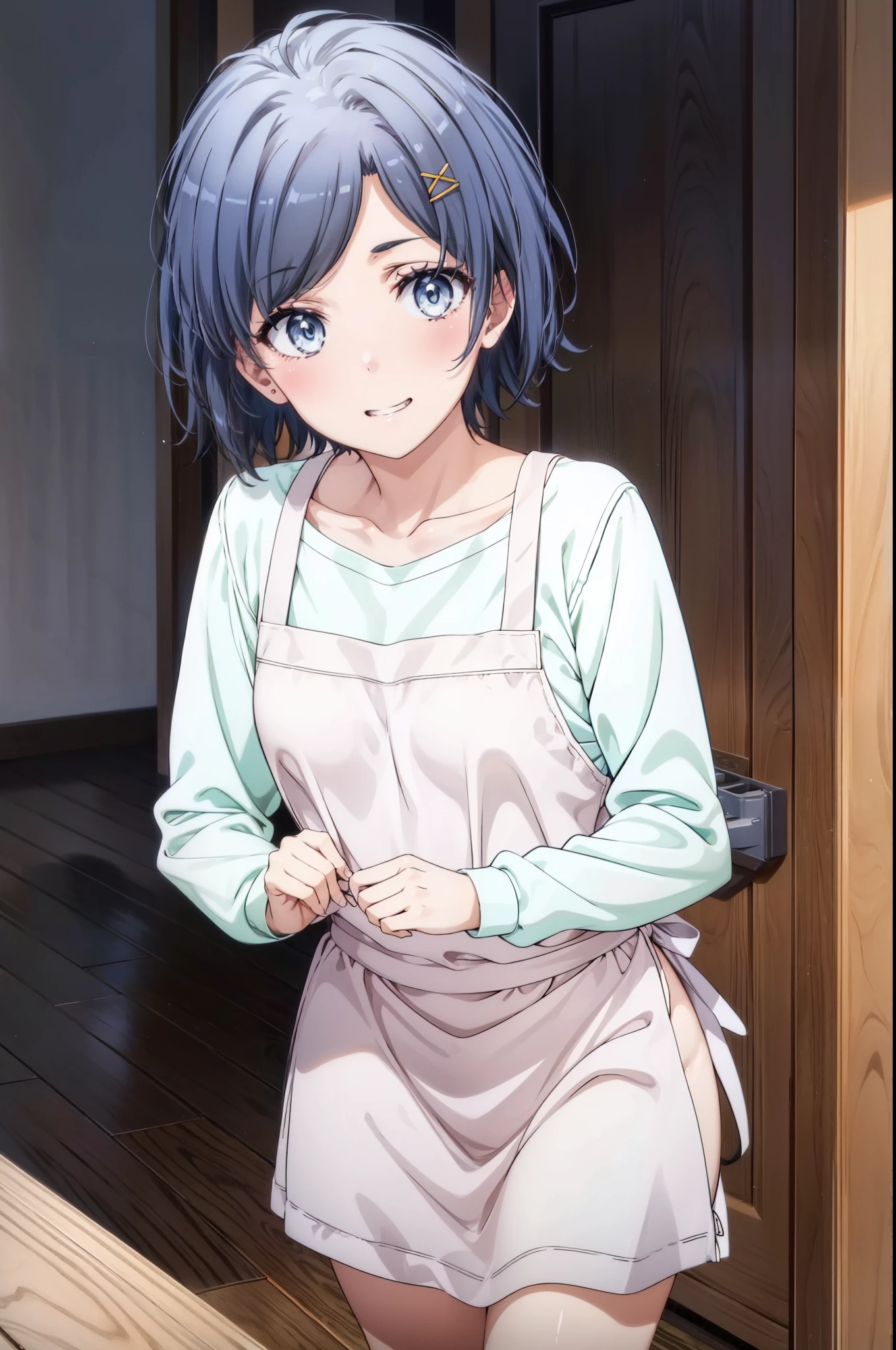 komachihikigaya, Komachi Hikigaya , short hair, black hair, hair ornament, stupid hair, hair clip, x hair ornament, (紫色の目:1.1), tooth, smile, blush, grin , naked apron,Bare legs, is standing,whole bodyがイラストに入るように,
break indoors,kitchen,,
break looking at viewer,whole body,
break (masterpiece:1.2), best quality , kampala,unity 8k 壁紙,(shape:0.8),( fine, beautiful eyes :1.6),It's a person ,whole body写真,CG Details , ( perfect hand, complete anatomy),