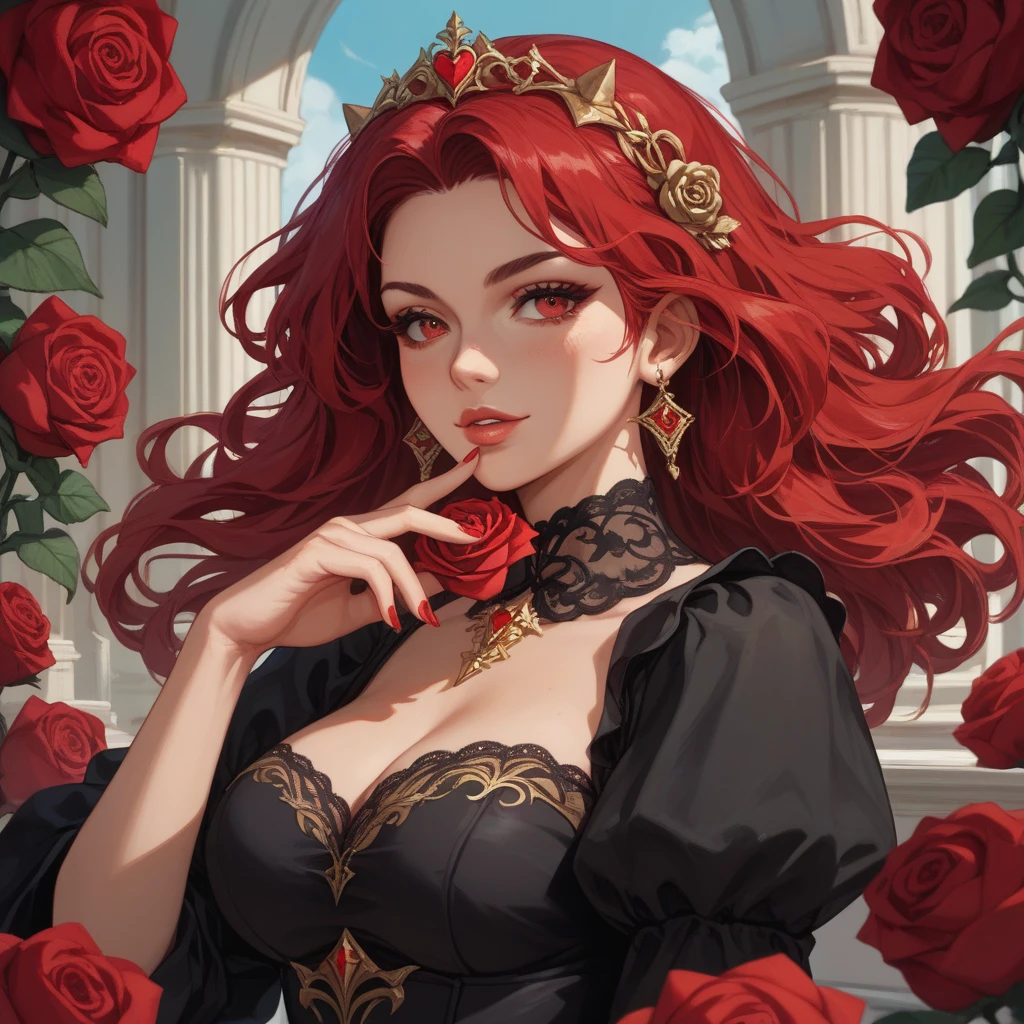 {masterpiece},{best quality},{1 girl}, noble, imperial red rose,Wearing a red rose hair ornament on the head,Astonishing, Beautiful and delicate eyes, black eyes, Coiled hair,Wear a dress,Holding a wine glass,Wearing black gloves