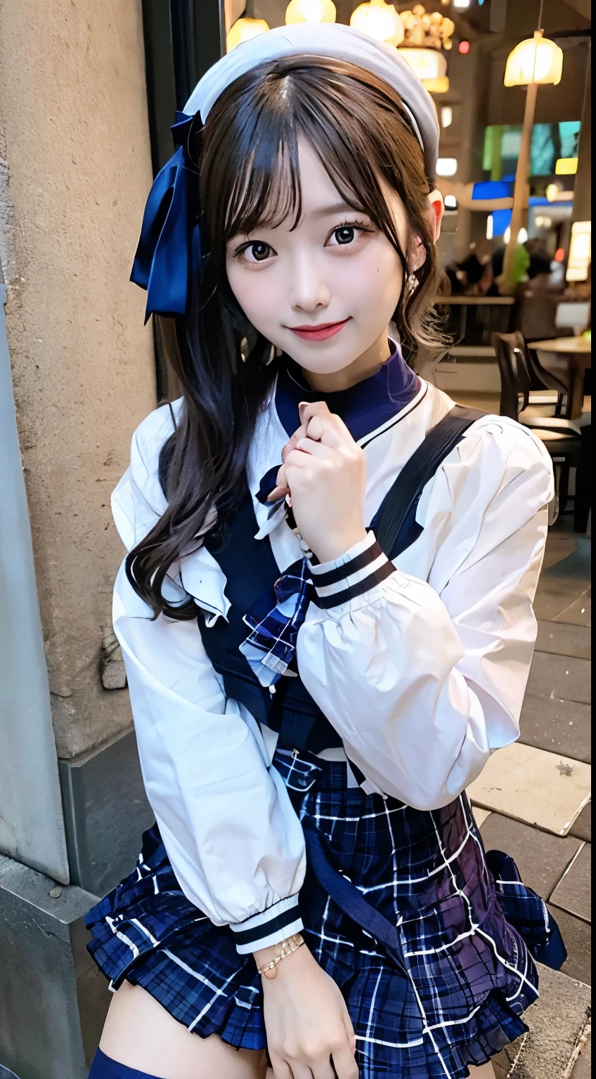 (8K、Raw photography、top-quality、masterpiece:1.2)、(realisitic、Photorealsitic:1.37)、ultra-detailliert、超A high resolution、女の子1人、see the beholder、beautifull detailed face、A smile、Constriction、(Slim waist) :1.3)、Beautiful detailed skin、Skin Texture、Floating hair、Professional Lighting、Whole human body、a blond、japanese hight school uniform、hi-school girl、School route、Winters、muffler、Red ribbons、Bob Hair、Happy smile、Suppin、Pigtails hairstyle、Braids、Constriction of the lower back