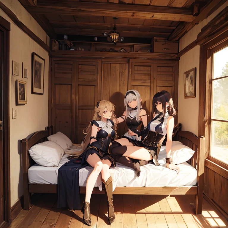 A group of female knight, (in forest), various hair styles, harem, wearing armored clothes, metal armor, night, details face, , short skirt, sword, tied to bed