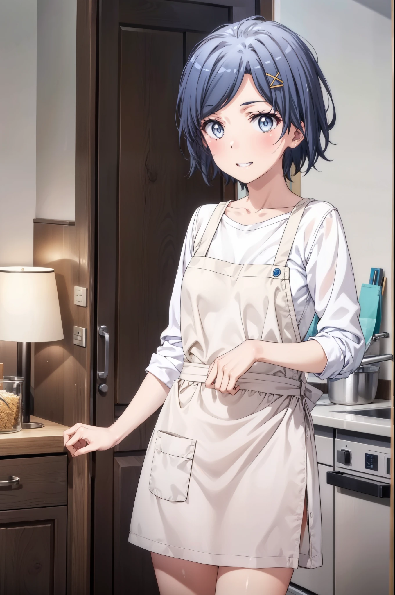 komachihikigaya, Komachi Hikigaya , short hair, black hair, hair ornament, stupid hair, hair clip, x hair ornament, (紫色の目:1.1), tooth, smile, blush, grin , naked apron,Bare legs, is standing,whole bodyがイラストに入るように,
break indoors,kitchen,,
break looking at viewer,whole body,
break (masterpiece:1.2), best quality , kampala,unity 8k 壁紙,(shape:0.8),( fine, beautiful eyes :1.6),It's a person ,whole body写真,CG Details , ( perfect hand, complete anatomy),