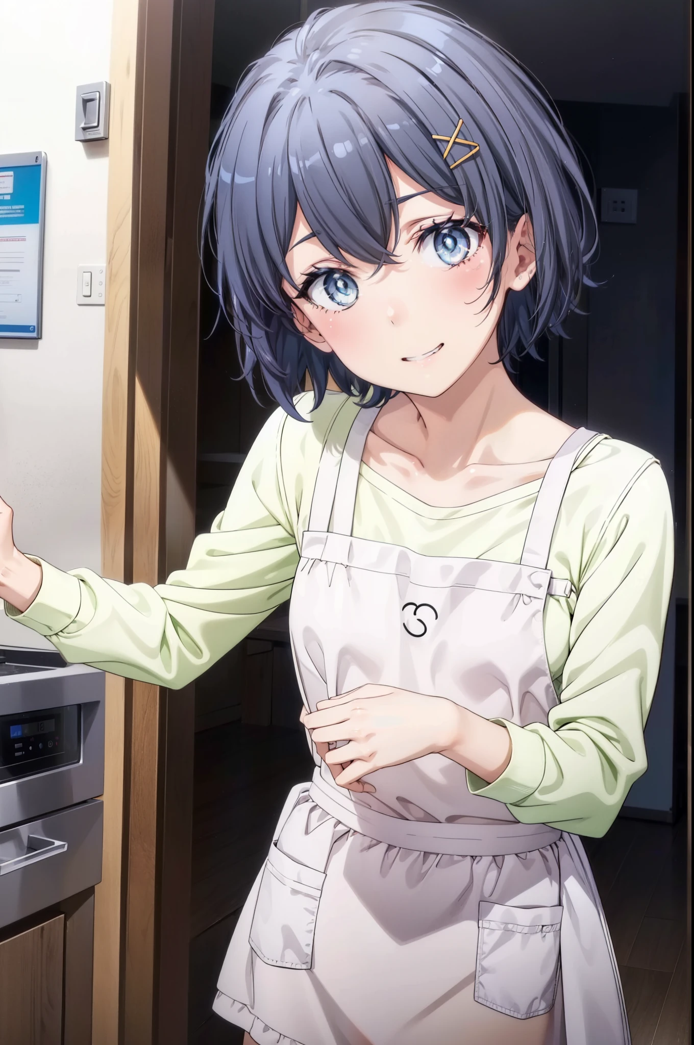 komachihikigaya, Komachi Hikigaya ,  short hair,   black hair,   hair ornament, stupid hair,  hair clip, x   hair ornament, (紫色の目:1.1), tooth, smile, blush, grin , naked apron,Bare legs, is standing,whole bodyがイラストに入るように,
break indoors,kitchen,,
break looking at viewer,whole body,
break (masterpiece:1.2), best quality , kampala,unity 8k 壁紙,(shape:0.8),(  fine, beautiful eyes  :1.6),It's a person ,whole body写真,CG Details , ( perfect hand, complete anatomy),