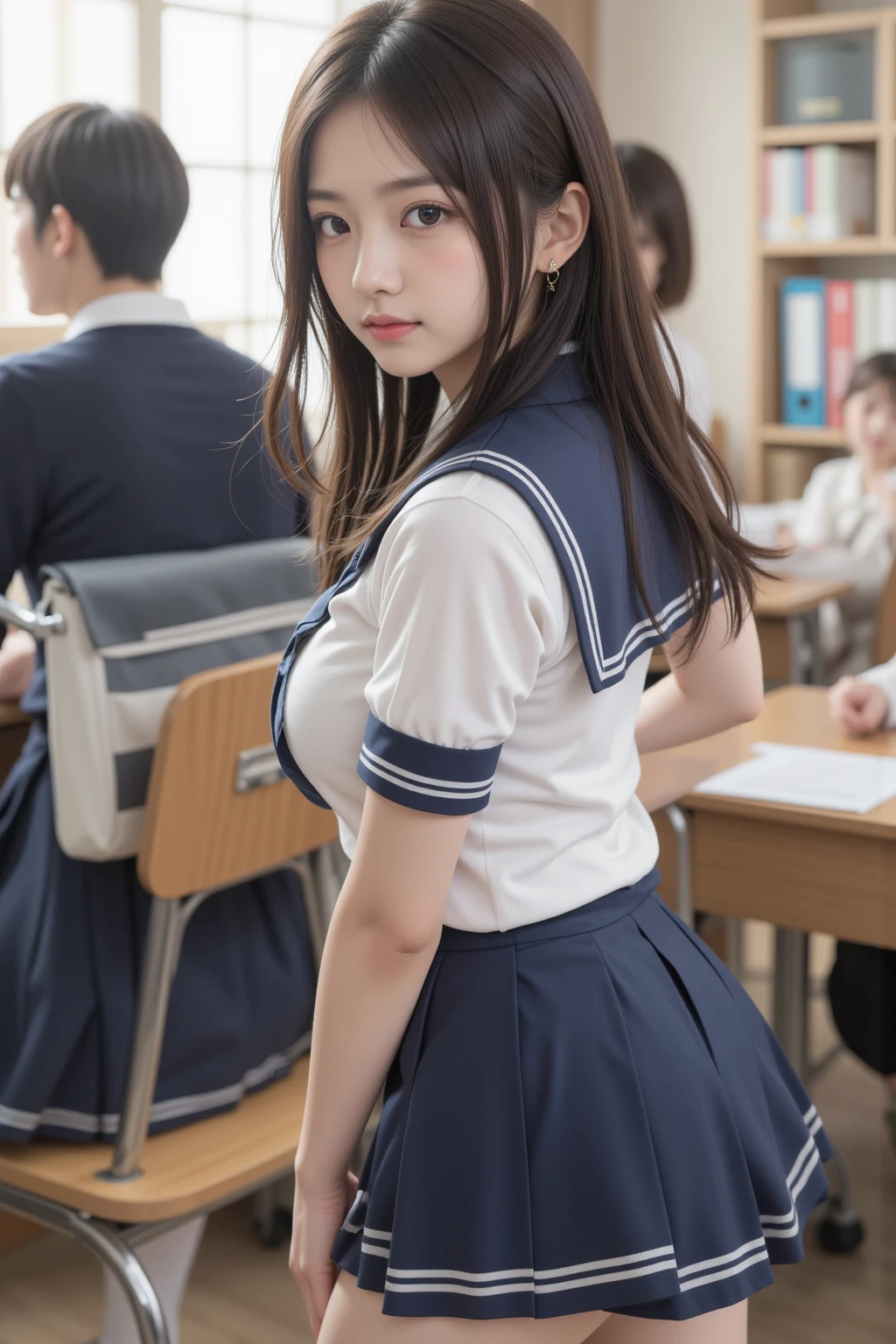 japanese cute idol, Japanese cute girl, kawaii, a beautiful young girl dressed up as a sailor girl in the school teacher's room , 1girl, solo, school uniform, serafuku, skirt, black hair, long hair, looking at viewer, socks, masterpiece, best quality, hyper detailed, insanely detailed, 16k, absurdres, japanese,cute, kawaii, photorealistic, Realism, raw photo, real person, (leaning forward:1.3), (hands on knees:1.3) , nsfw , nipples, nsfw, (breast squeeze:1.3),
