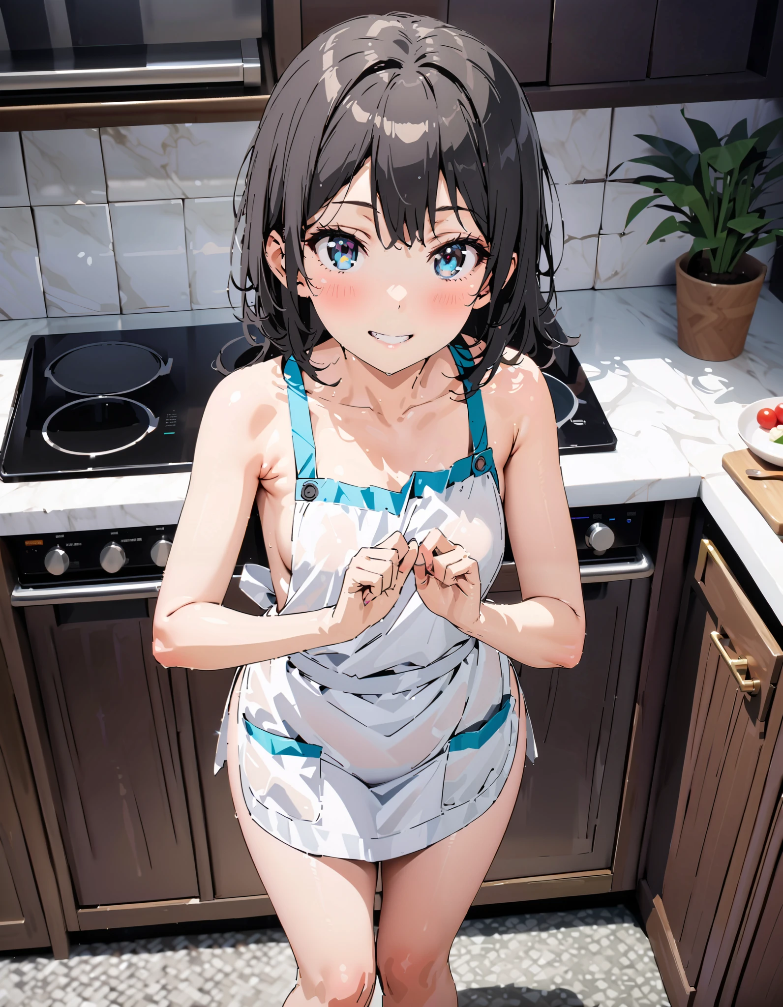 Ushiwakamaru ,(absurderes, 8K, 4K, masutepiece, hyper extreme detailed:1.2), Best Quality, Perfect Anatomy,Perfect face,High humidity,(独奏:1.2),(chubby:1.1), shortness of breath, High humidity, Steamy, Exposed shoulders, Nude, nsfw, A kind smile, maternal, relief, peace of mind, On the road, Outdoor, (blush:1.1), A kind smile, relief, (Small breasts:1.3), (kitchen:1.5), (Naked Apron:1.5), (Sweaty:1.5), (oiled skin:1.3), Black Hair, blue eyes,